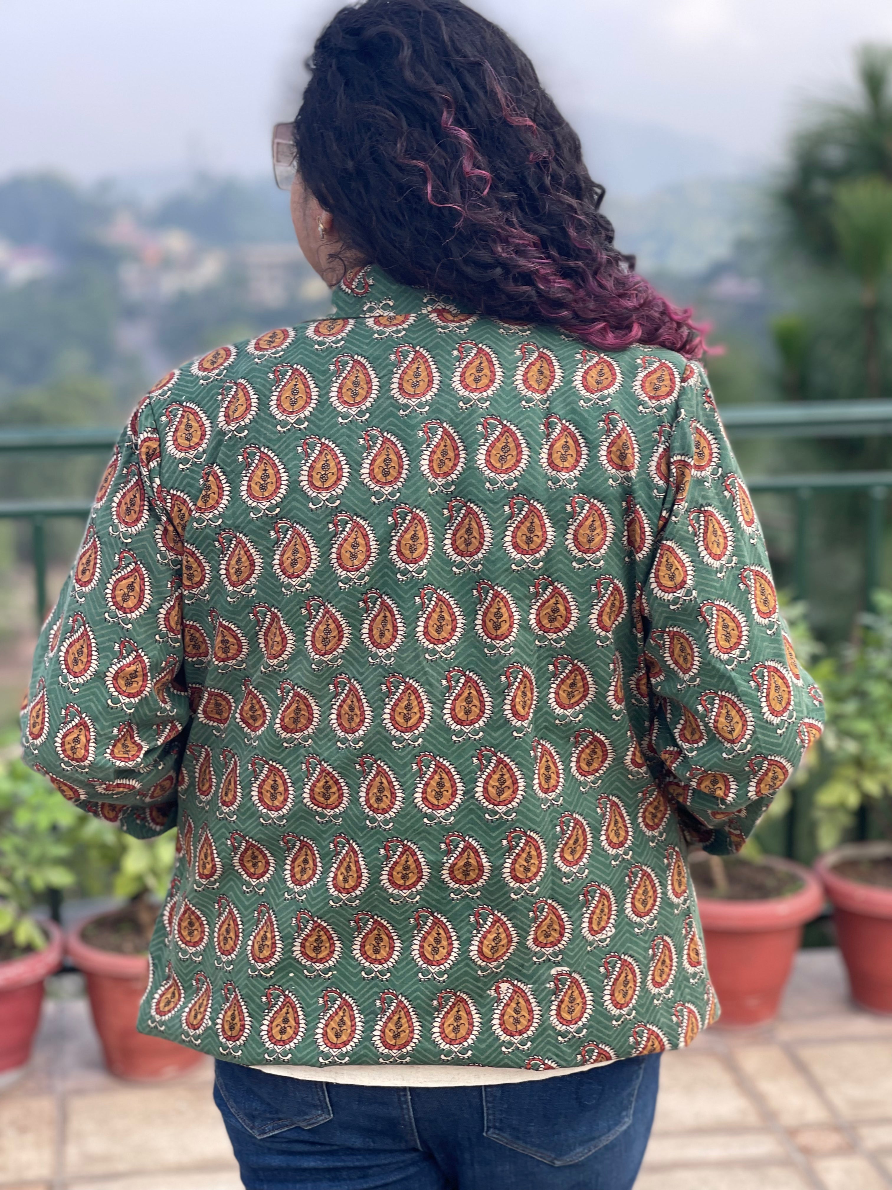 Forest Spice- GREEN BAGRU PAISLEY HANDBLOCK PRINTED COTTON BLAZER