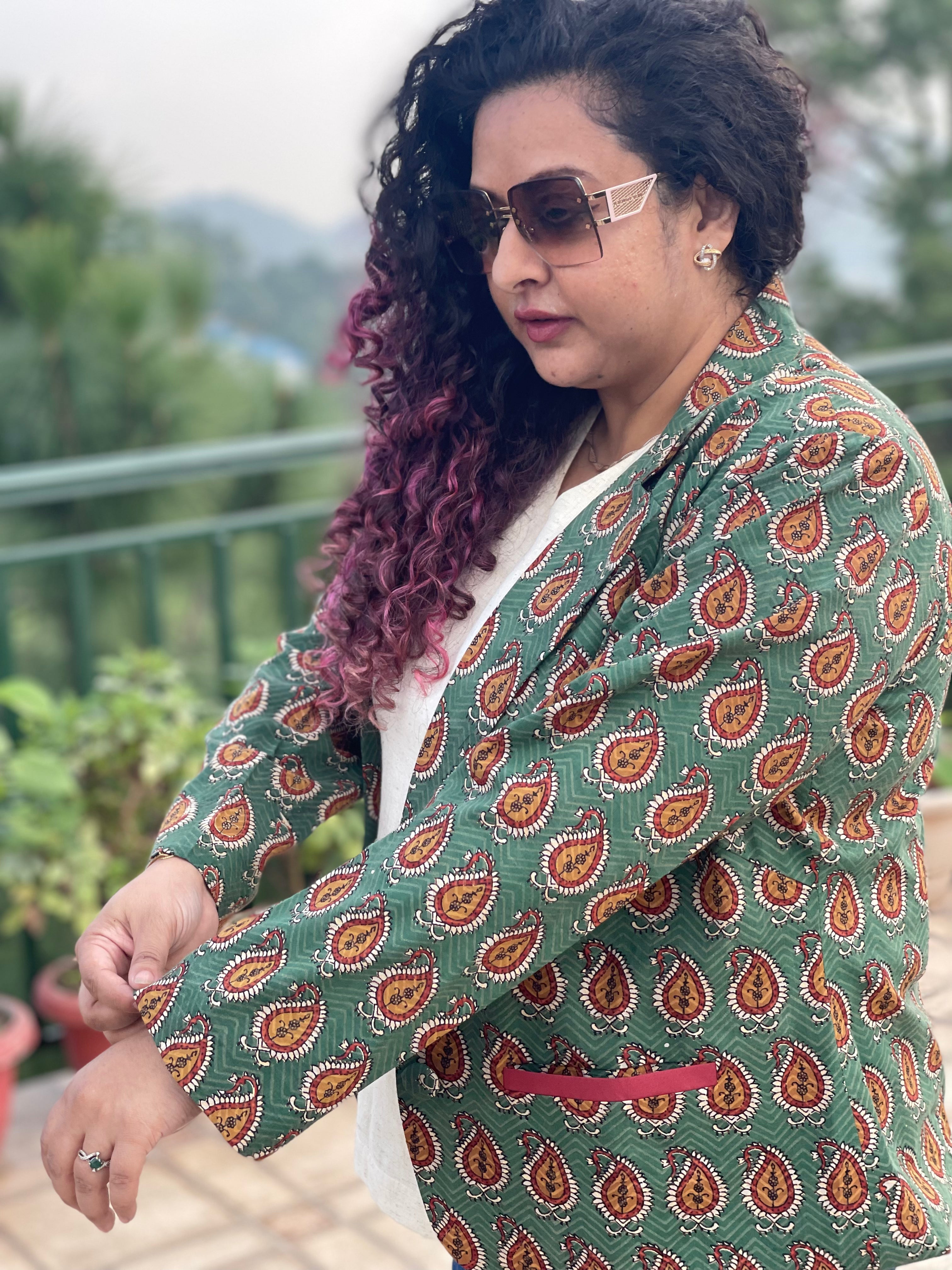 Forest Spice- GREEN BAGRU PAISLEY HANDBLOCK PRINTED COTTON BLAZER