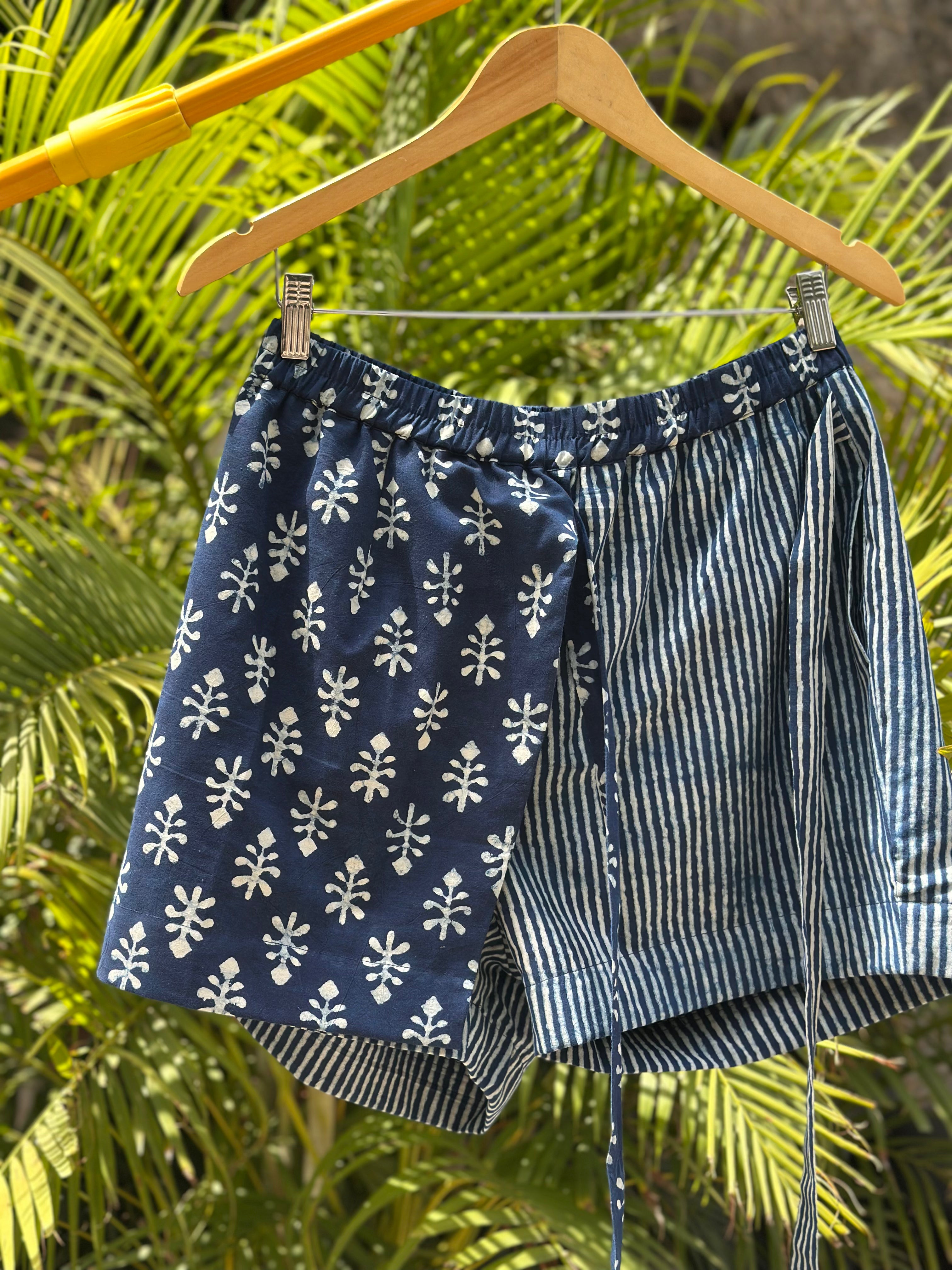 Indigo Dabu Booti and Stripe Overlap Style Cotton Shorts