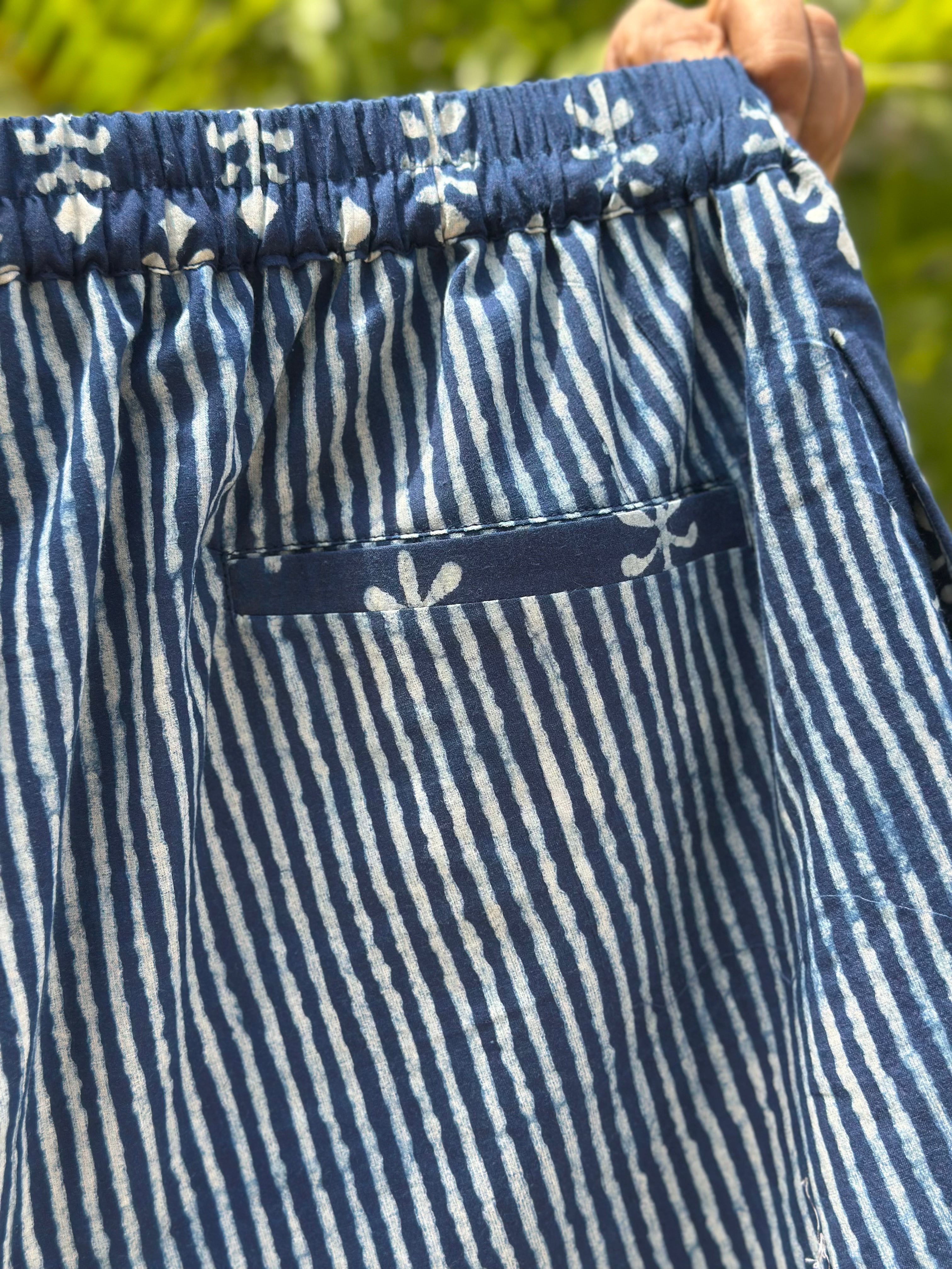 Indigo Dabu Booti and Stripe Overlap Style Cotton Shorts