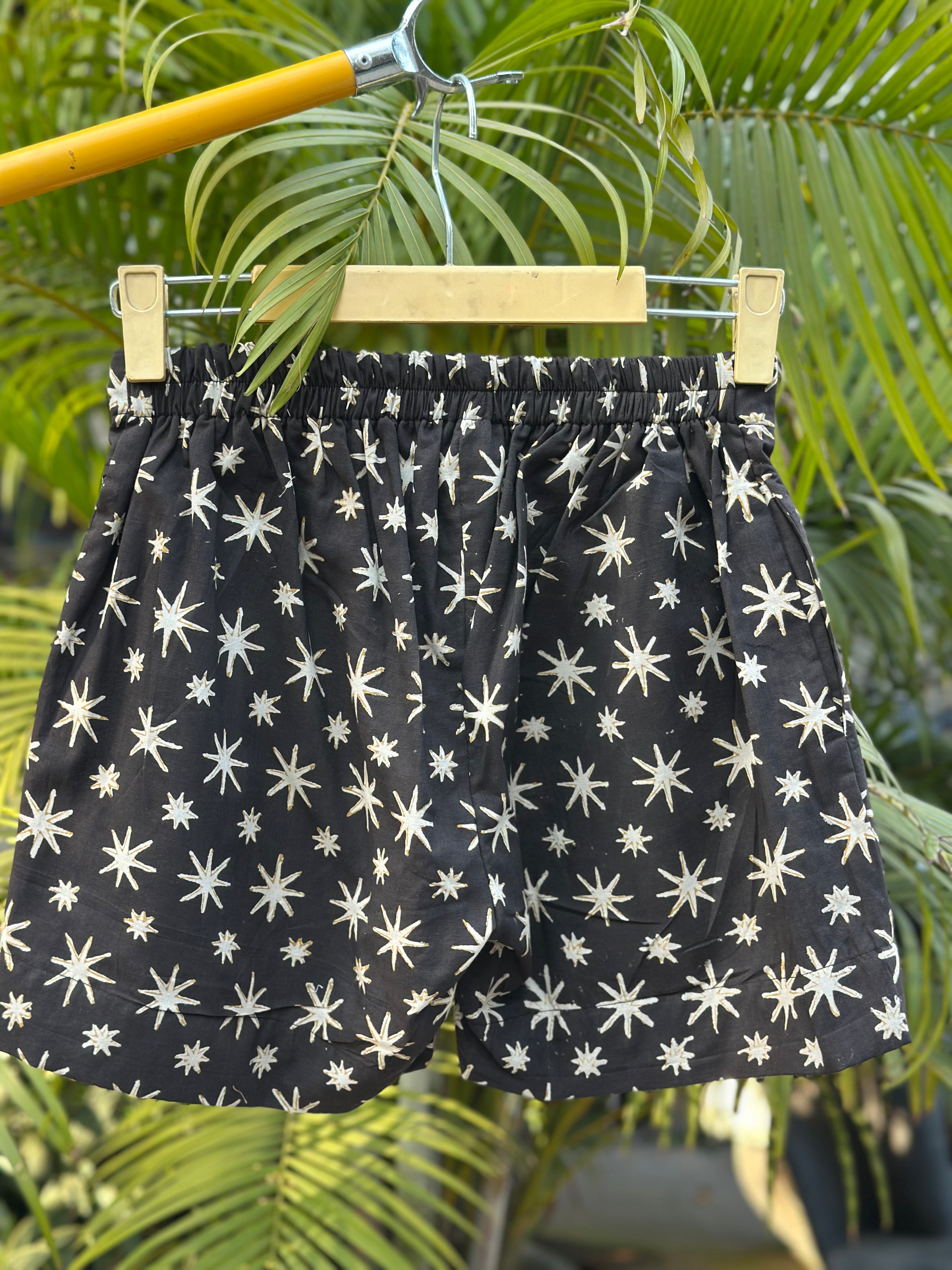 Midnight Star Burst - Bagru Handblock Cotton Shorts ( Charcoal Black)