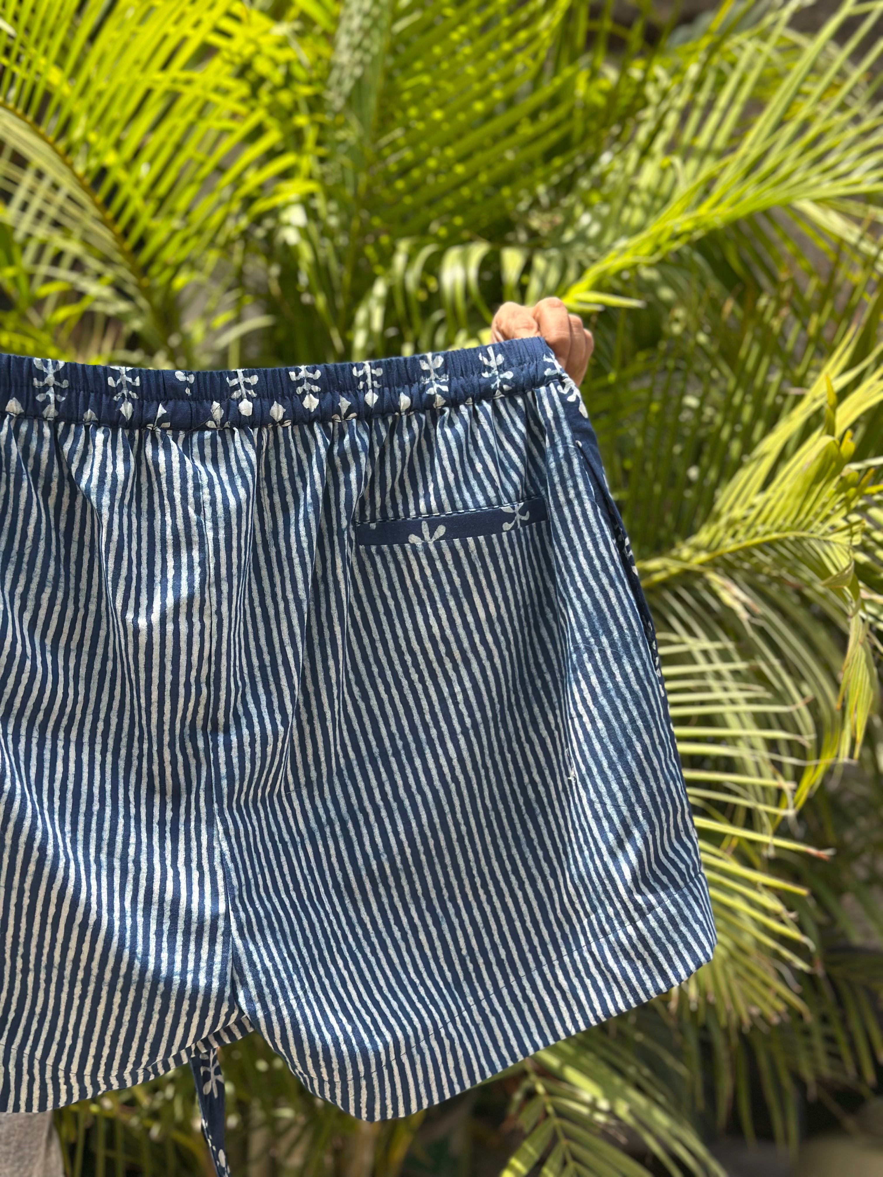 Indigo Dabu Booti and Stripe Overlap Style Cotton Shorts