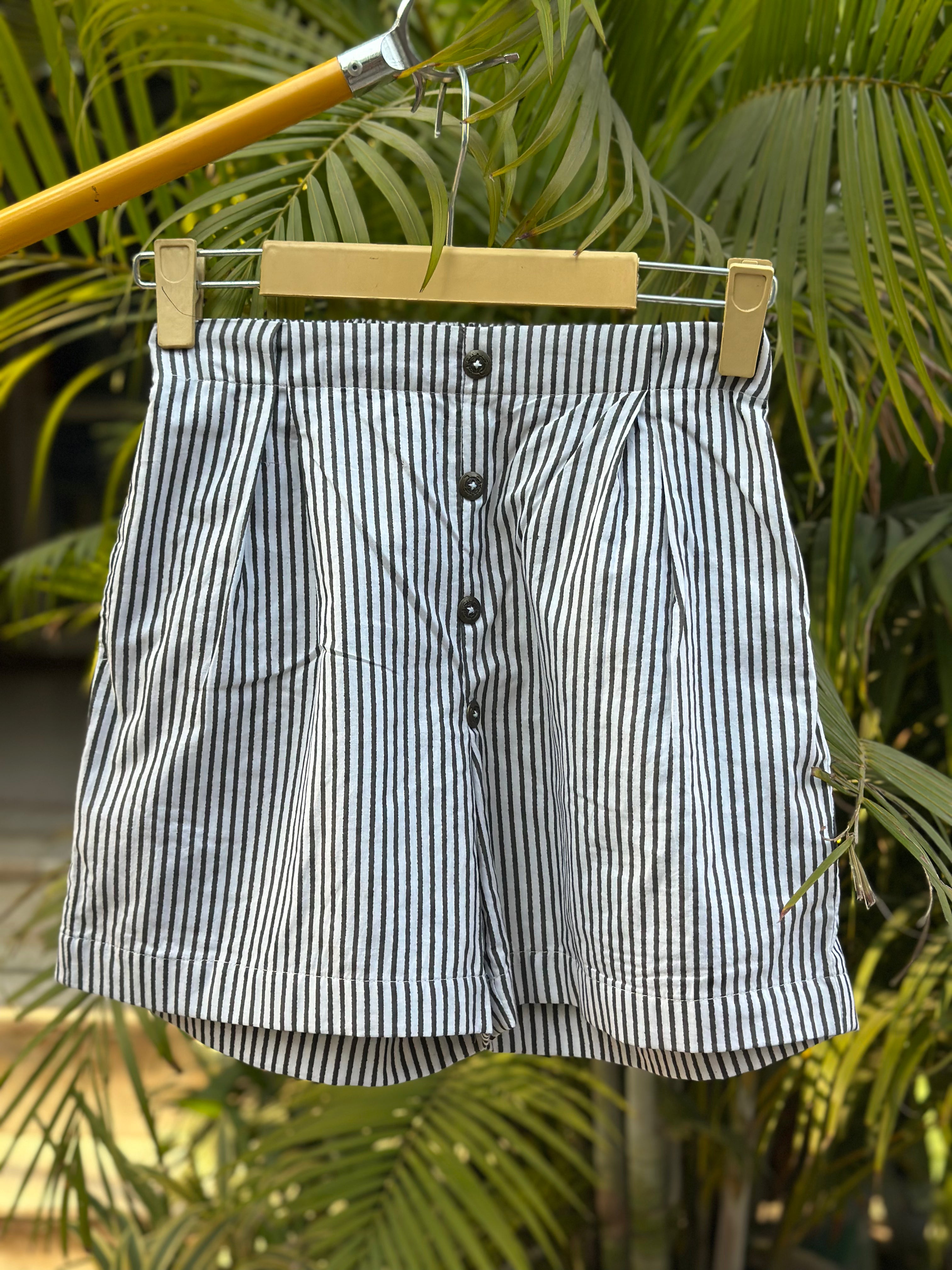 Midnight Ivory Stripe hand block print cotton shorts
