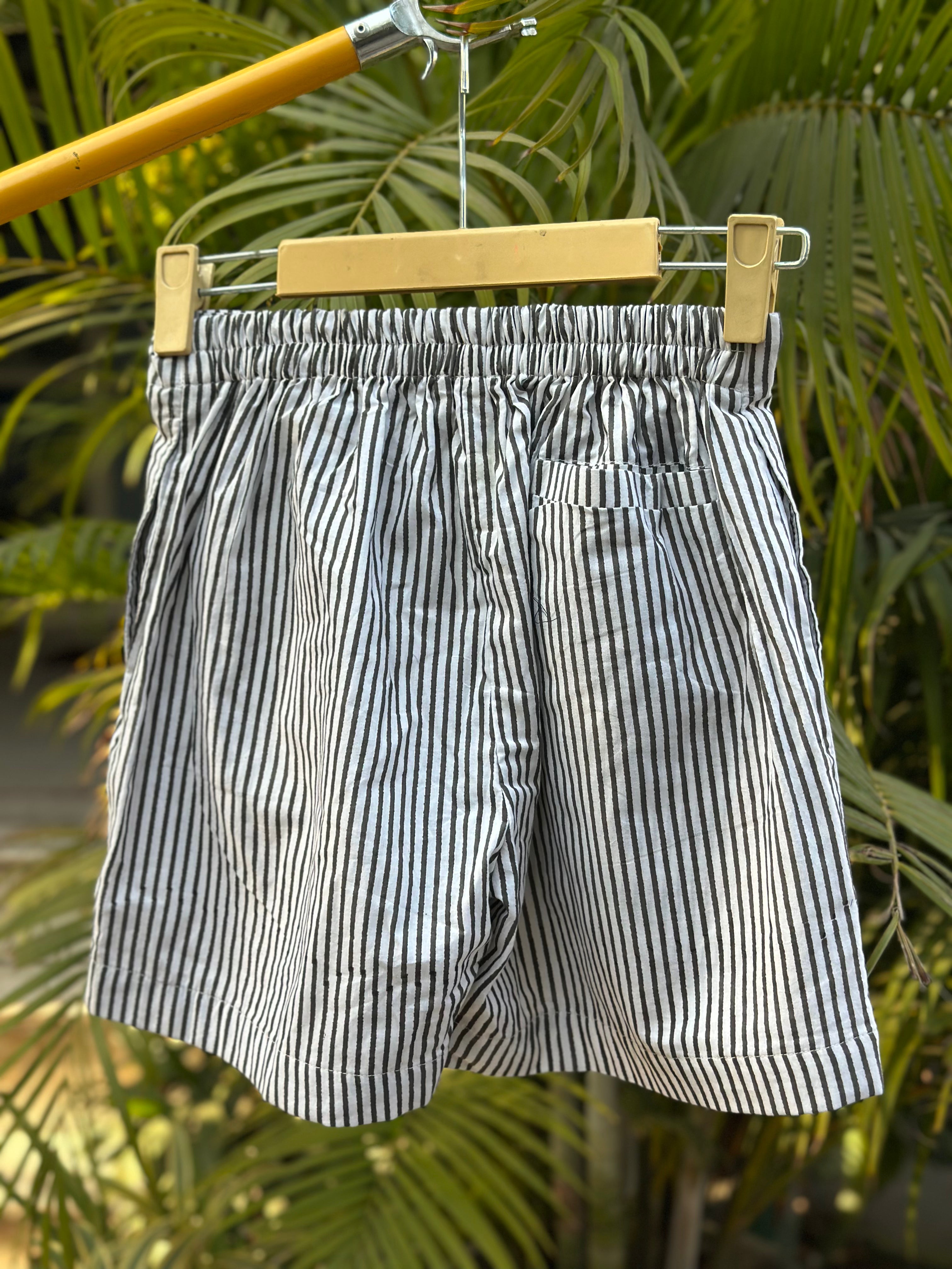 Midnight Ivory Stripe hand block print cotton shorts