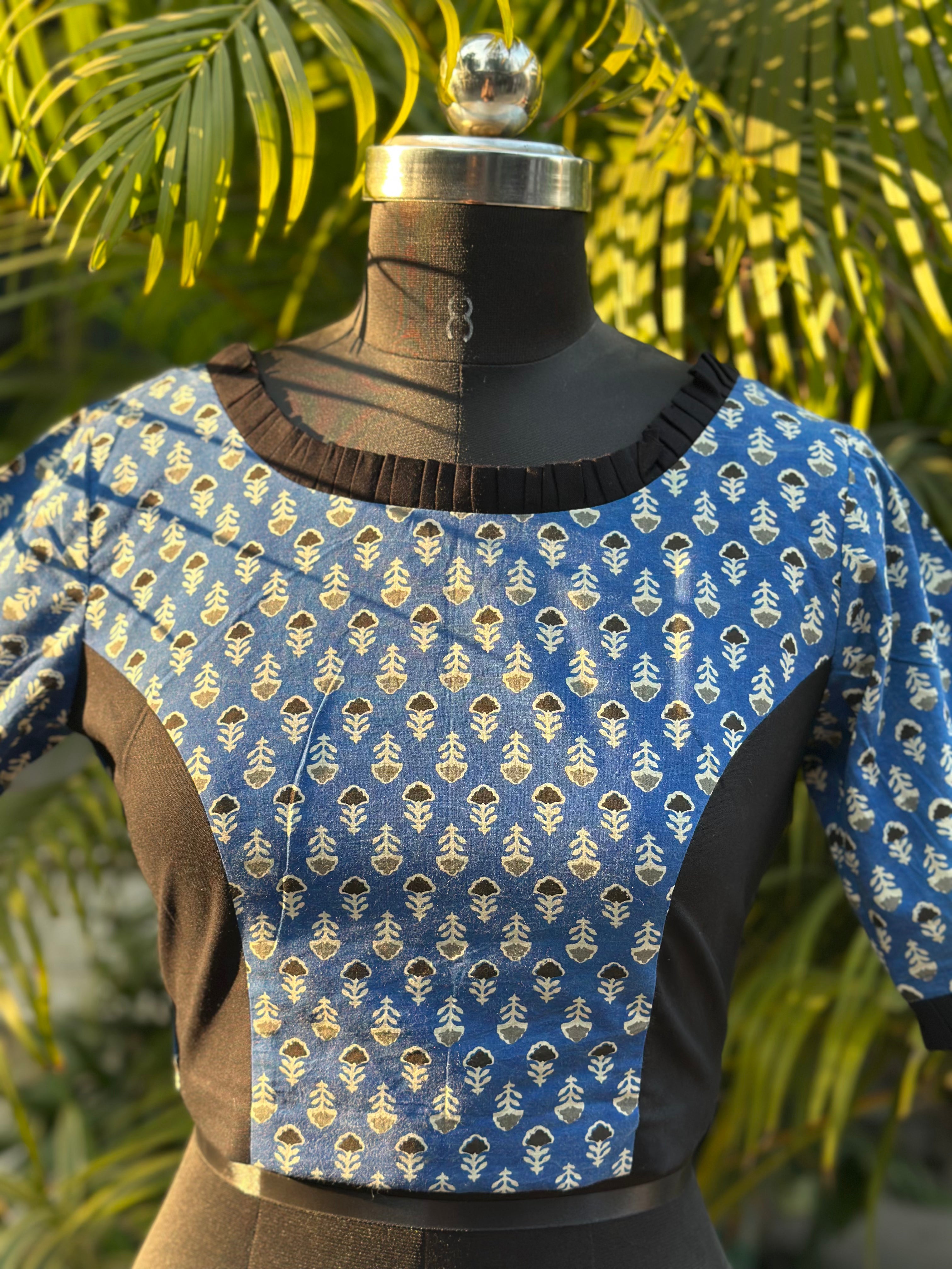 Neel Ruffle - Blue Bagru Booti Handblock print cotton blouse with frill sleeves