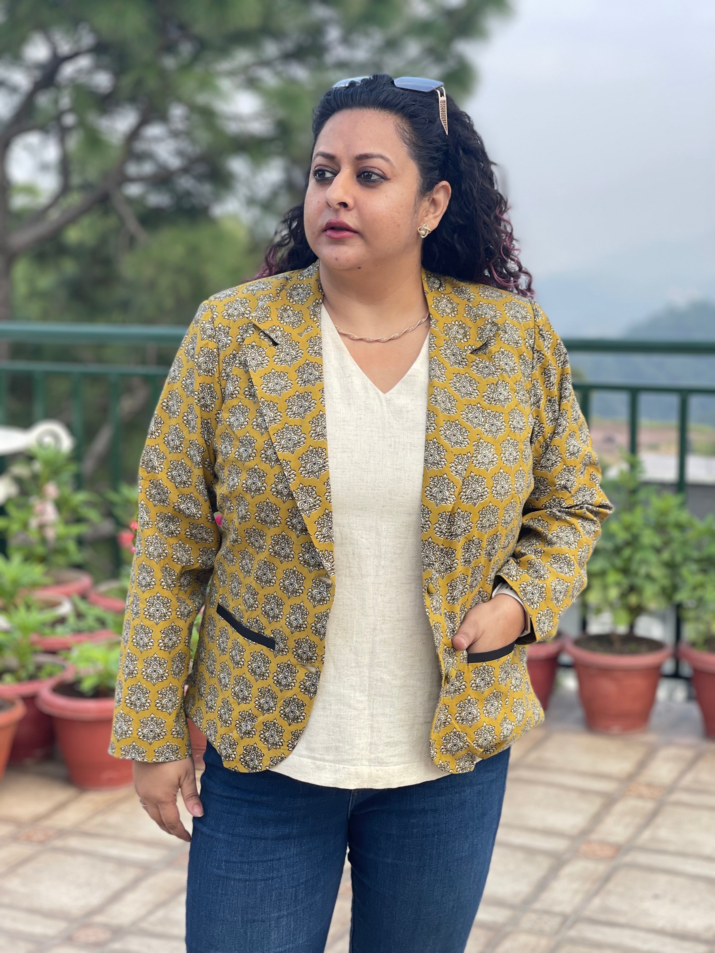 Mustard Muse- Mustard Bagru Handblock Printed Booti Cotton Blazer
