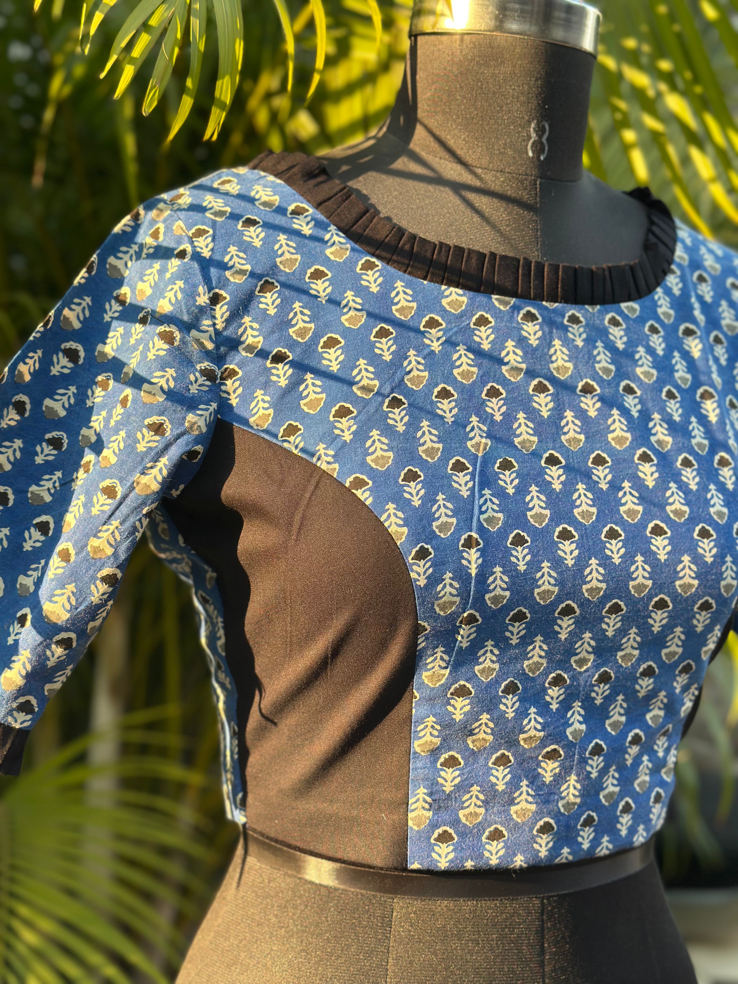 Neel Ruffle - Blue Bagru Booti Handblock print cotton blouse with frill sleeves