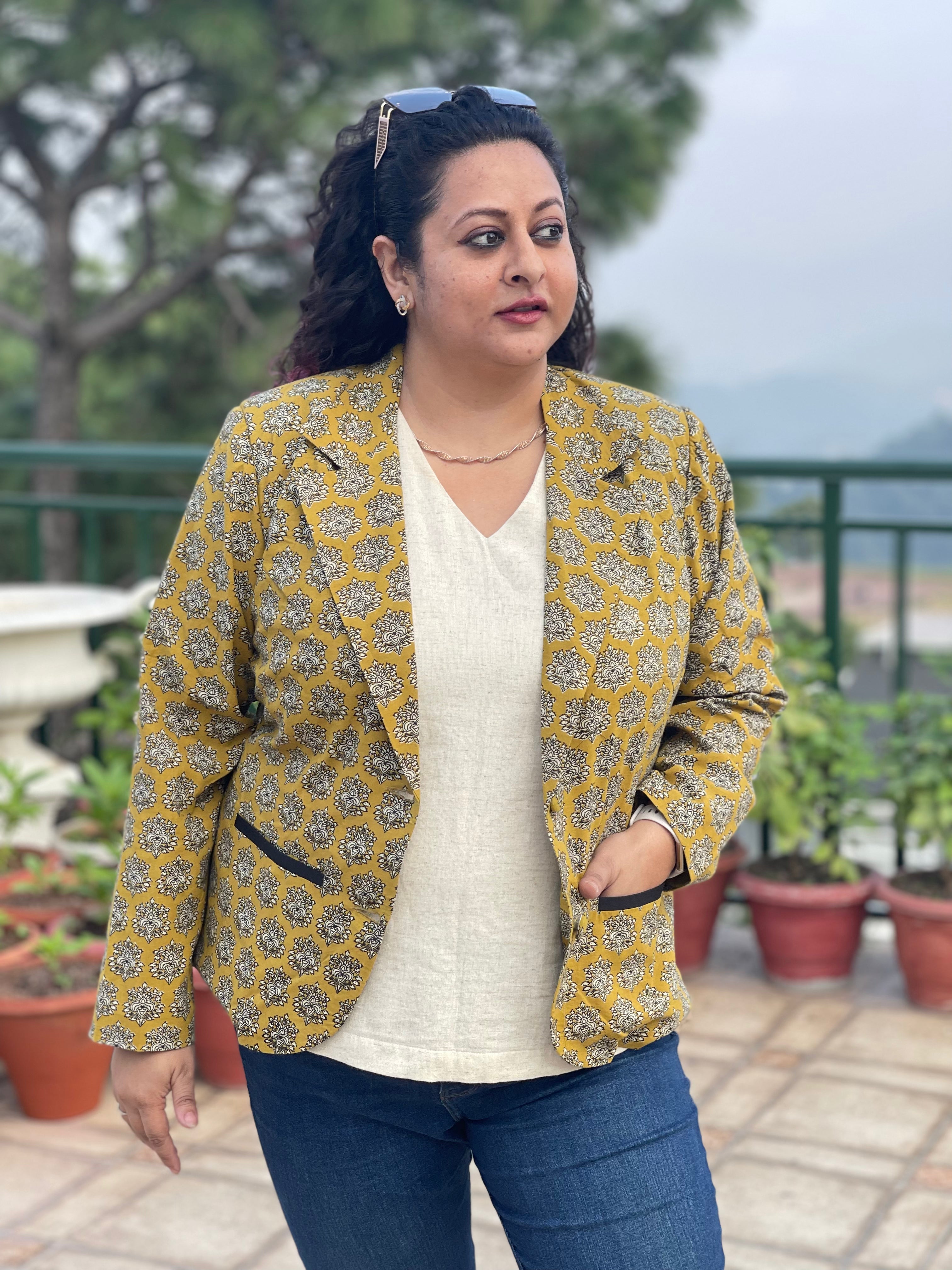Mustard Muse- Mustard Bagru Handblock Printed Booti Cotton Blazer