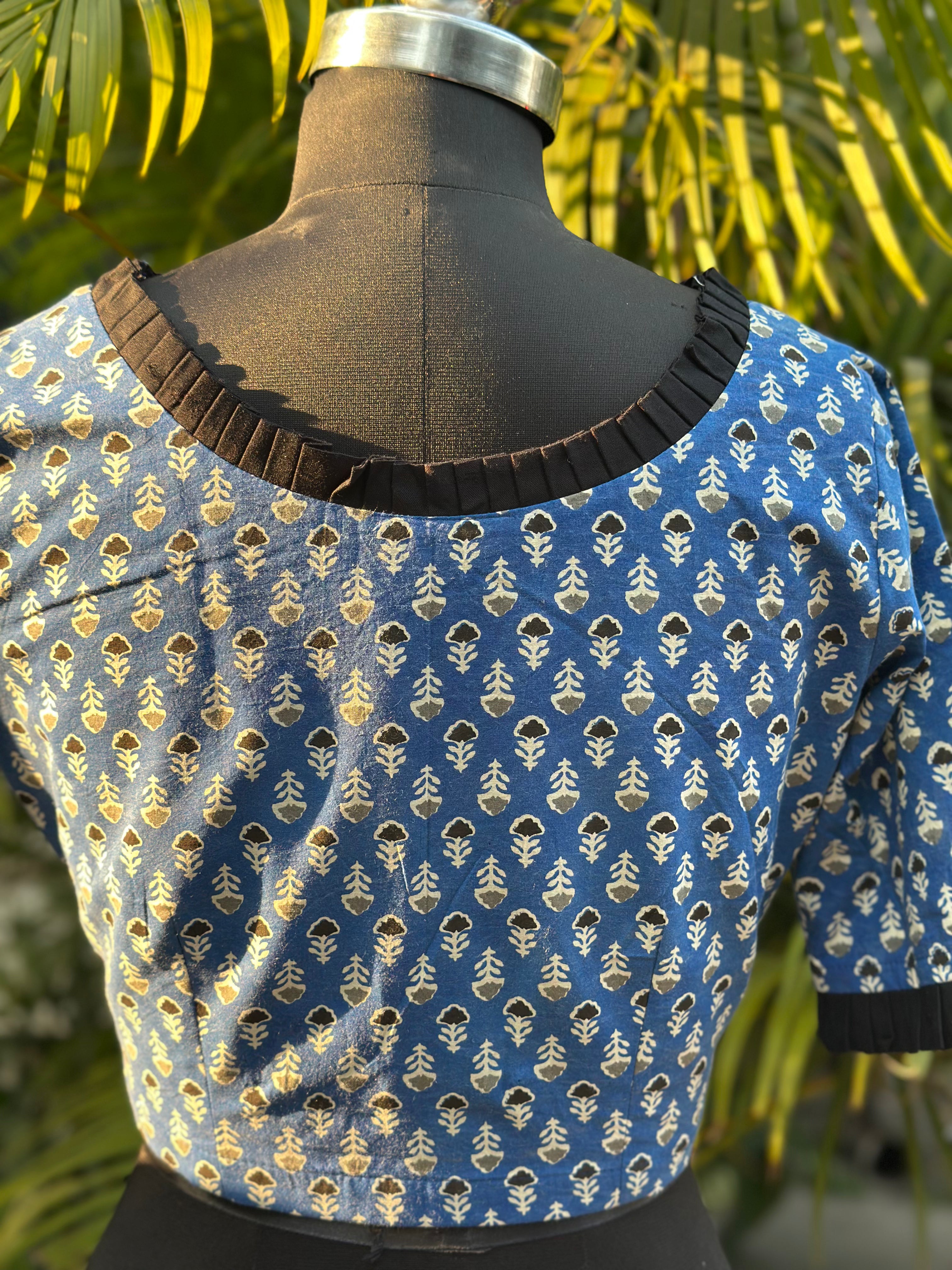 Neel Ruffle - Blue Bagru Booti Handblock print cotton blouse with frill sleeves