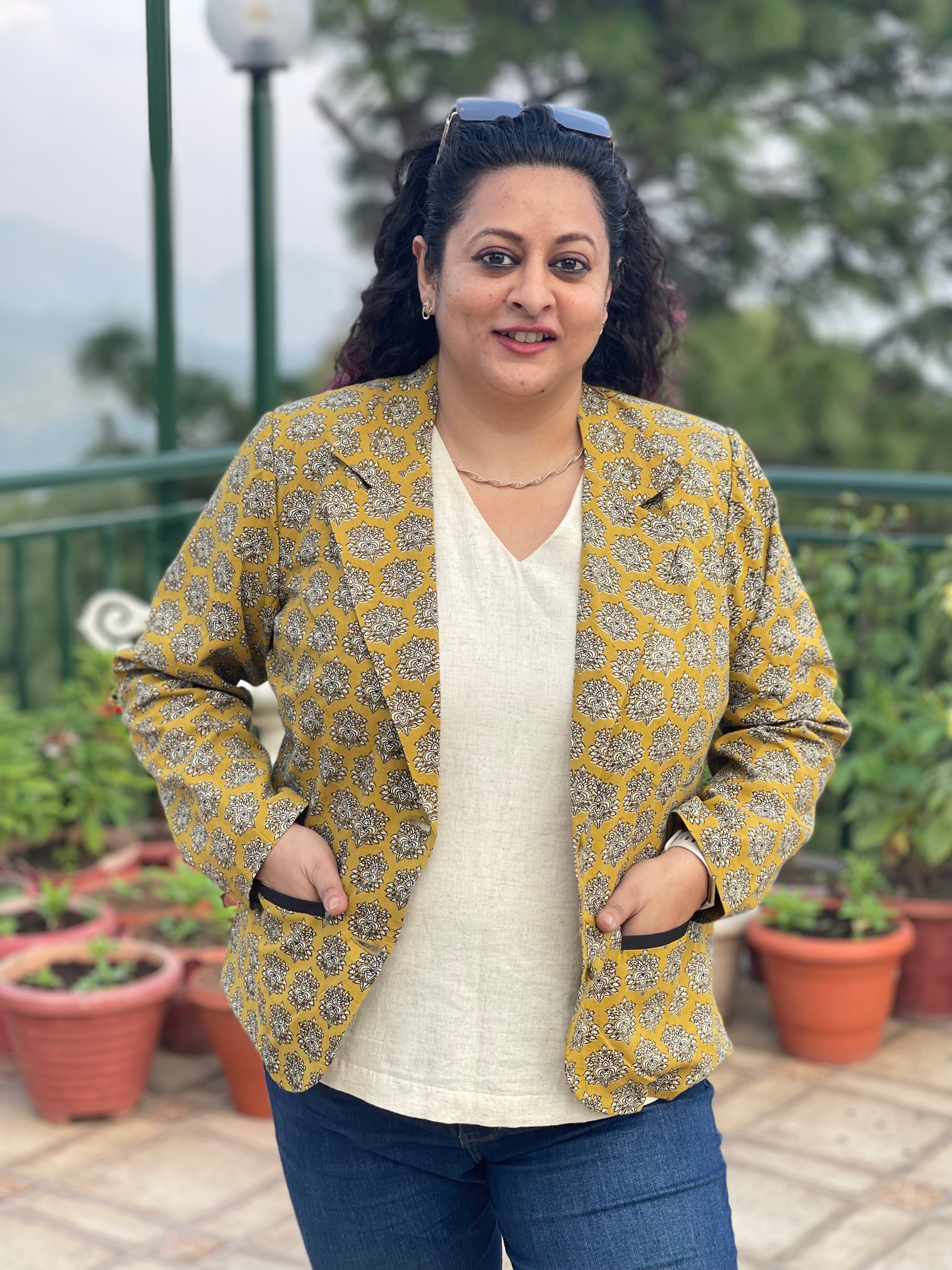 Mustard Muse- Mustard Bagru Handblock Printed Booti Cotton Blazer