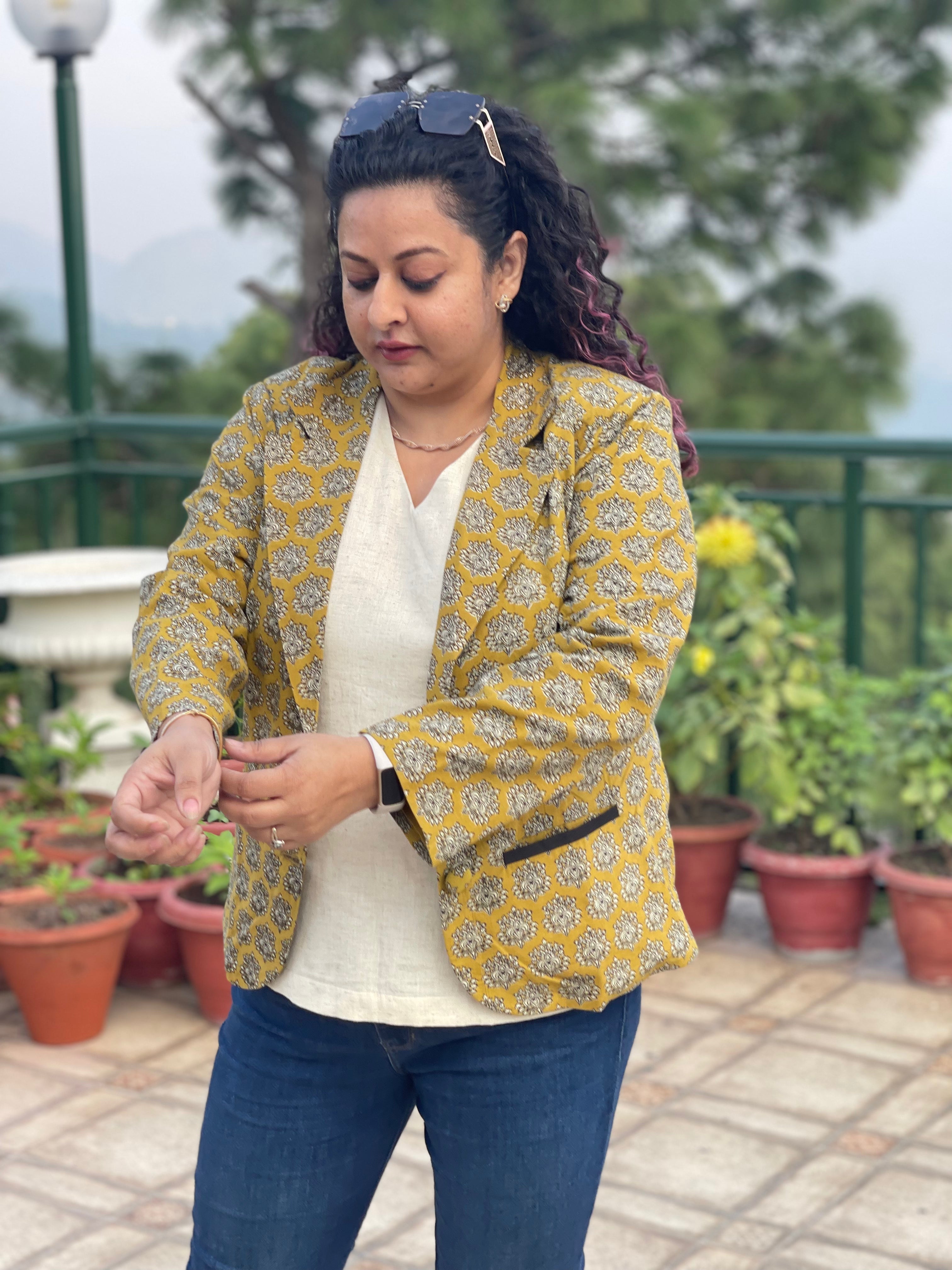 Mustard Muse- Mustard Bagru Handblock Printed Booti Cotton Blazer