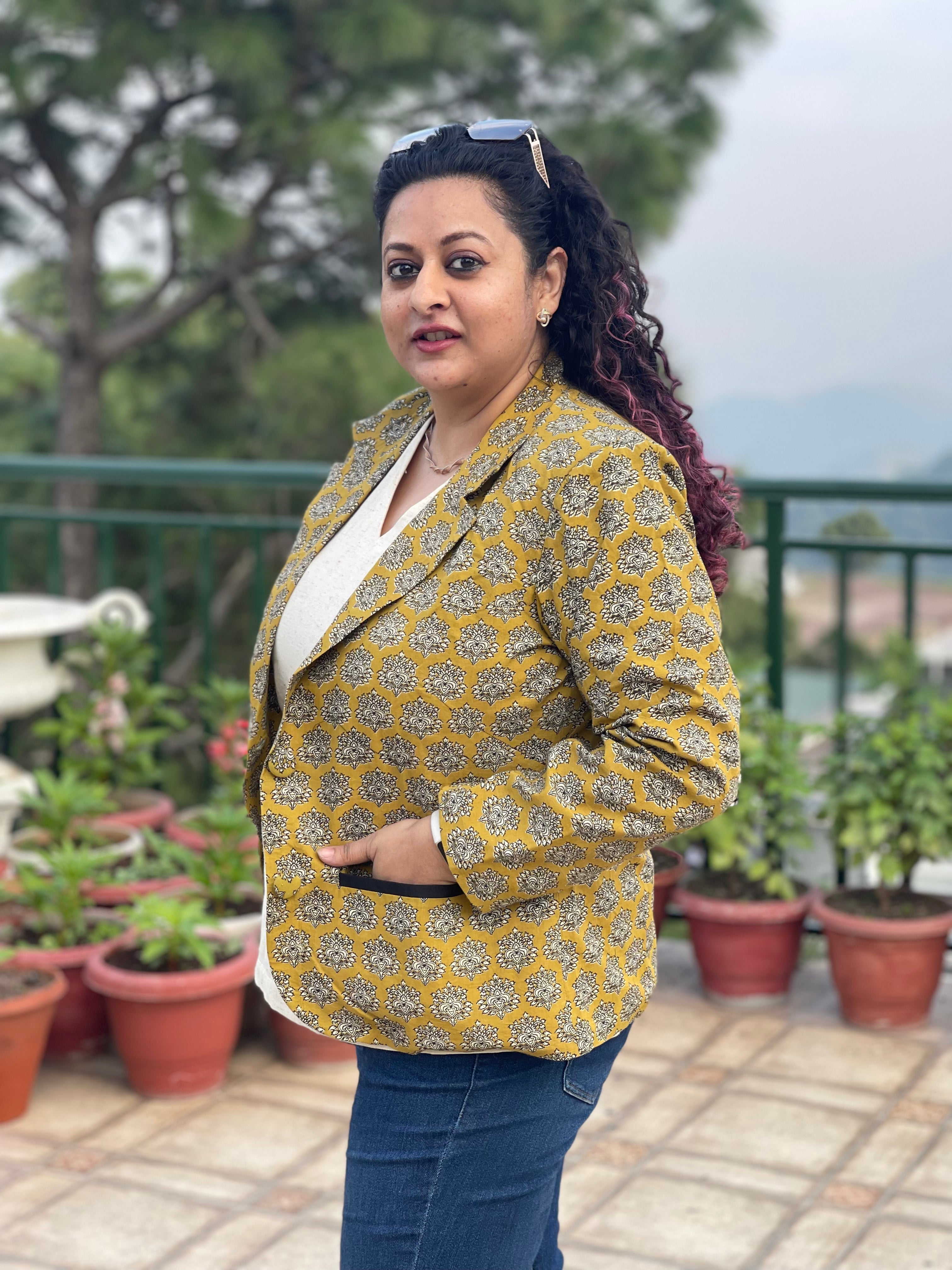 Mustard Muse- Mustard Bagru Handblock Printed Booti Cotton Blazer