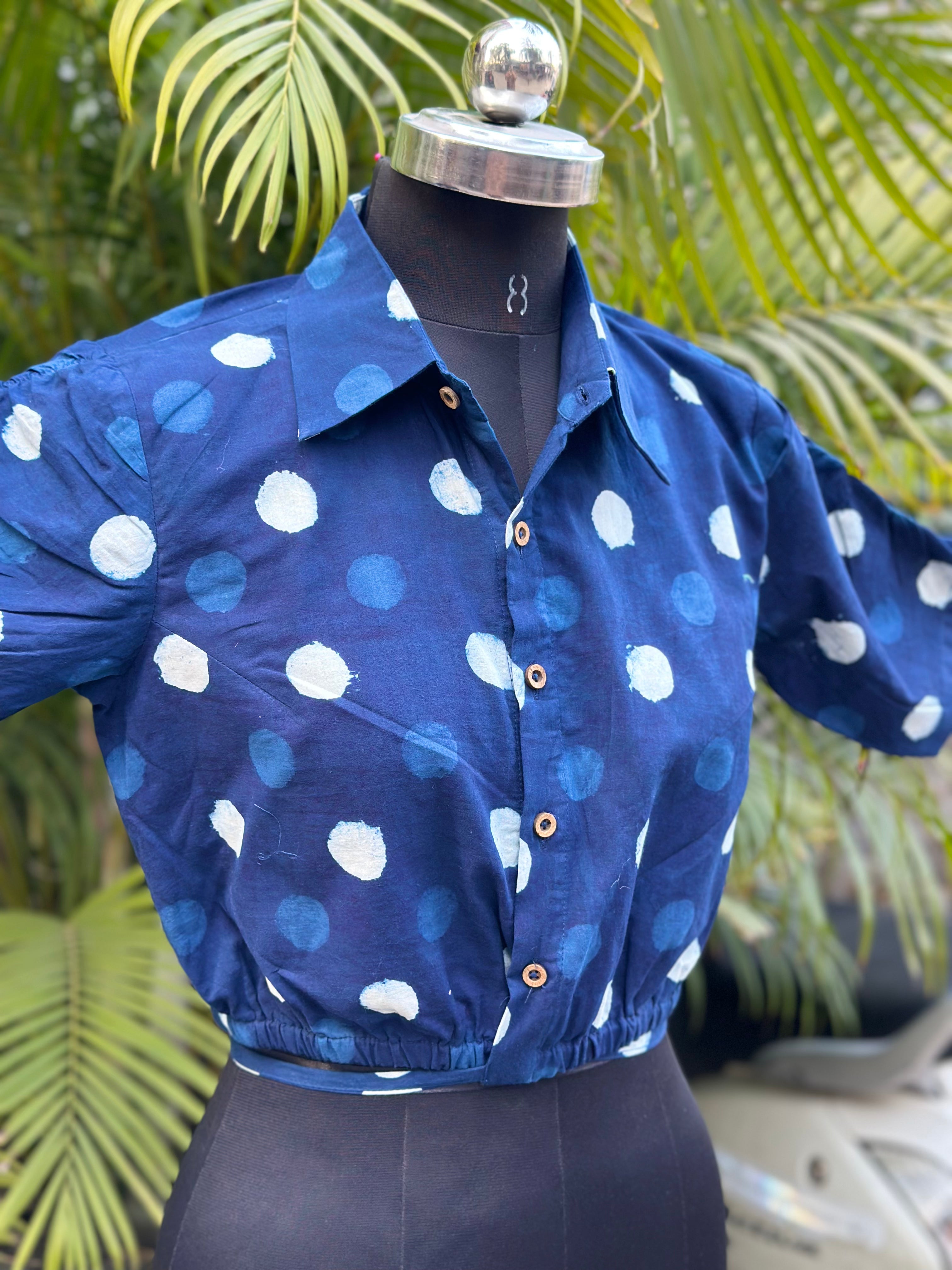 Indigo Dabu Polka Dots Cotton Crop Top