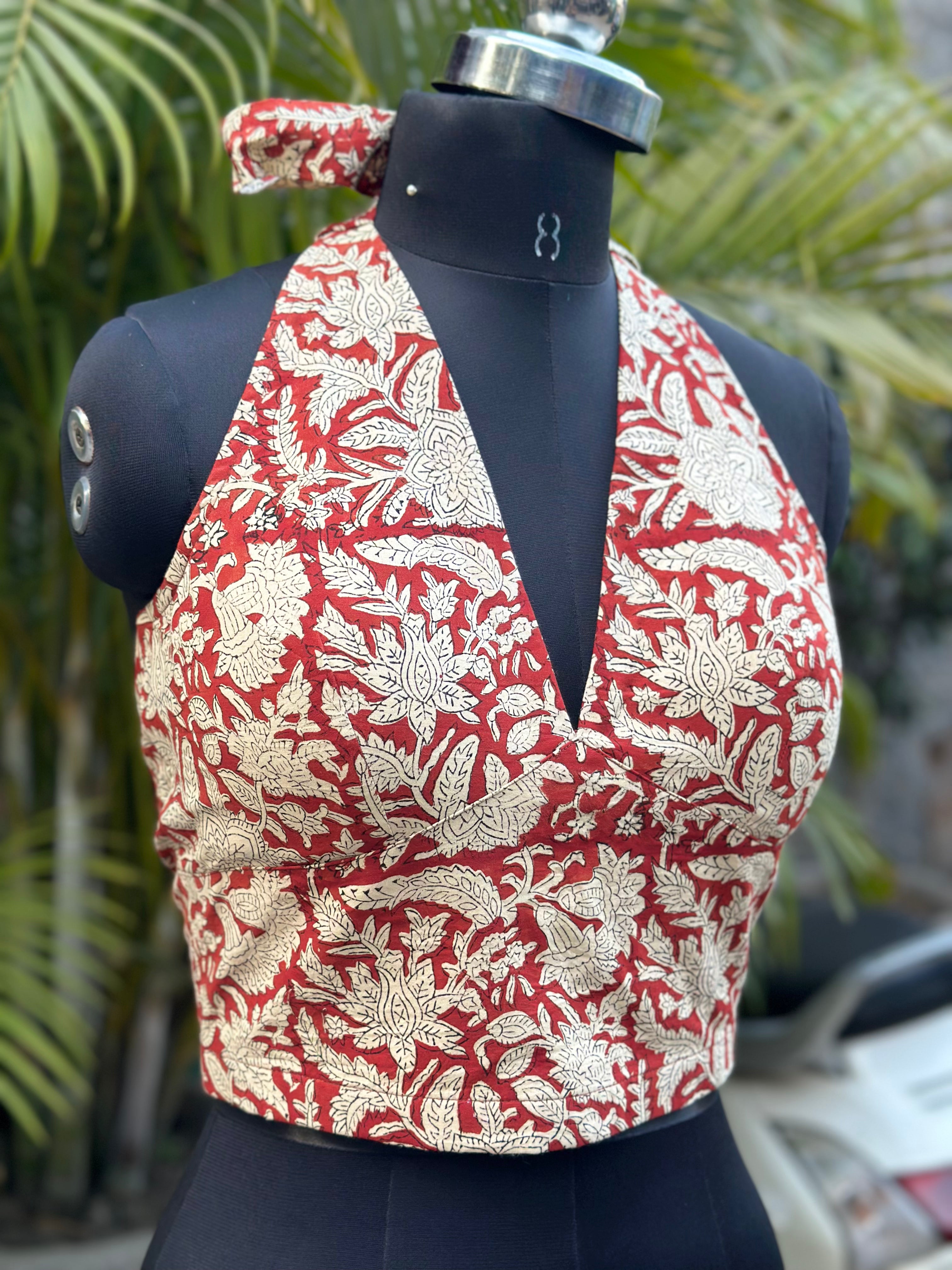 Gulnaar- Red Jaali Baagru Handblock Print Backless Cotton Crop Top