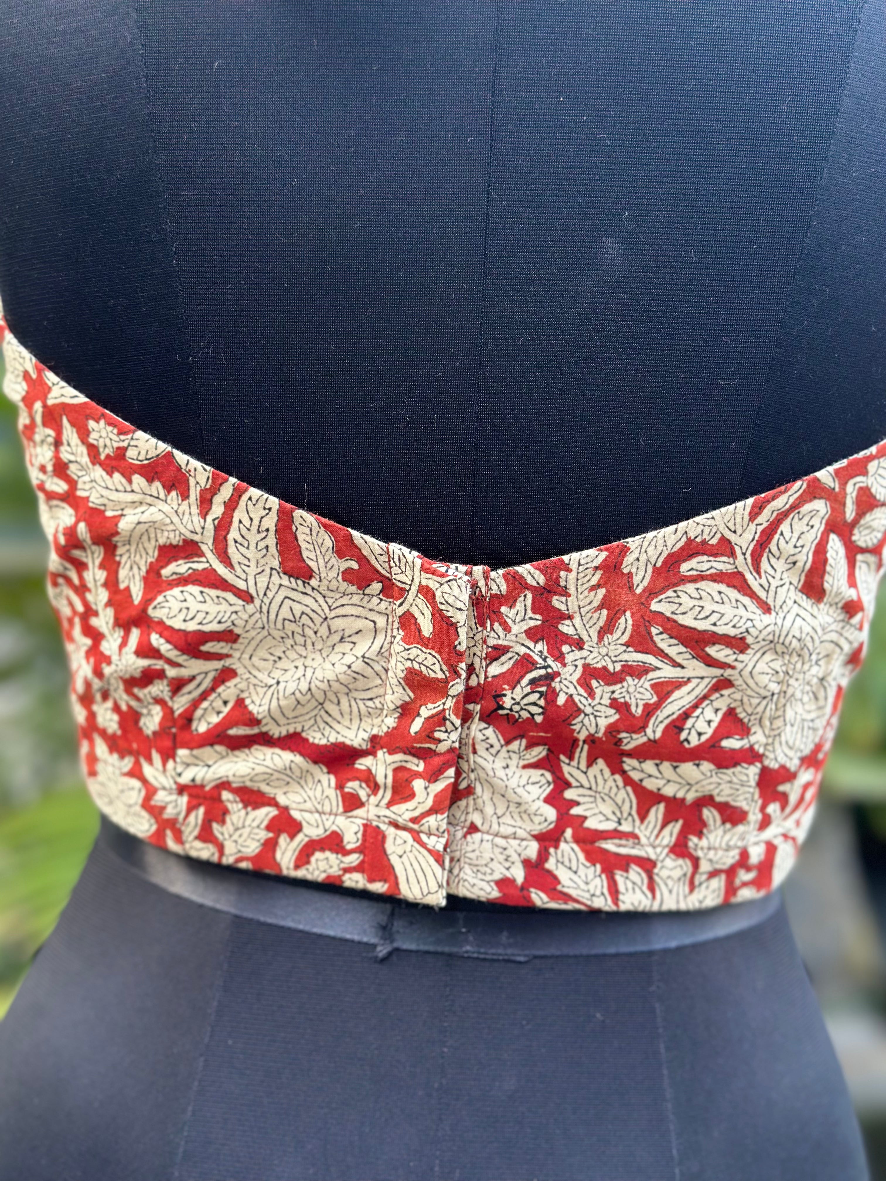 Gulnaar- Red Jaali Baagru Handblock Print Backless Cotton Crop Top