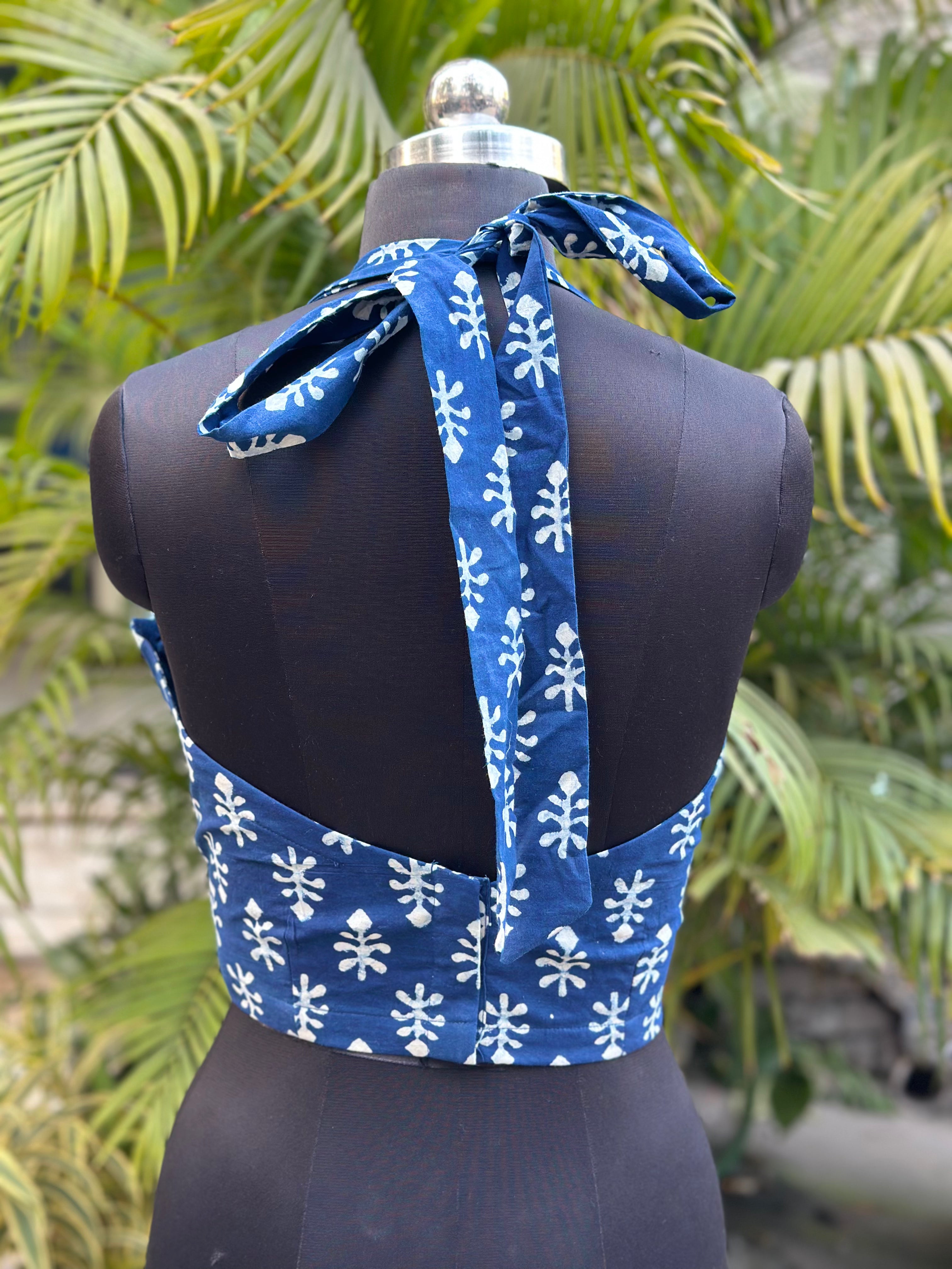 Blue Courtyard - Indigo Dabu Halter Backless Cotton Crop tie-up crop top