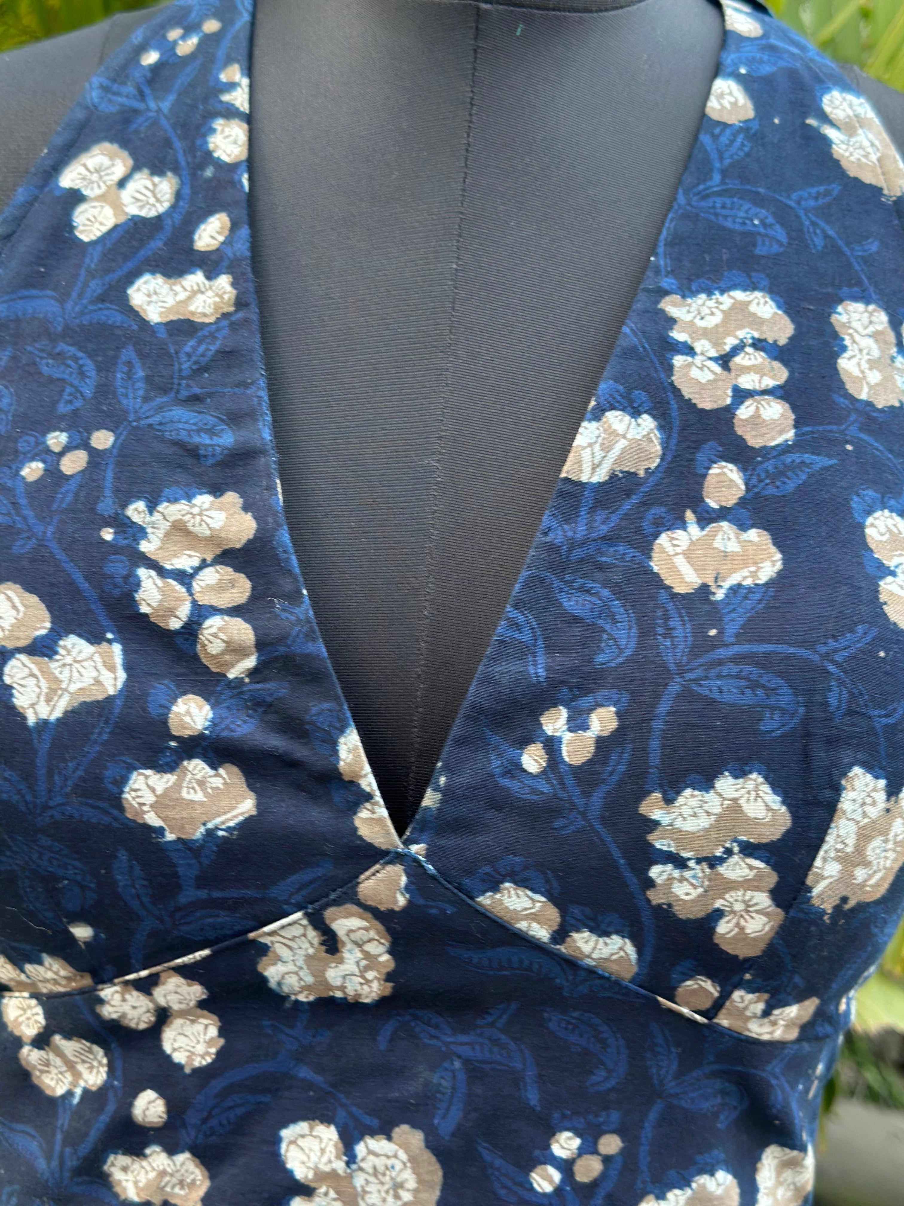 Midnight Mehfil- Dark blue bagru backless tie-up handblock print cotton crop top
