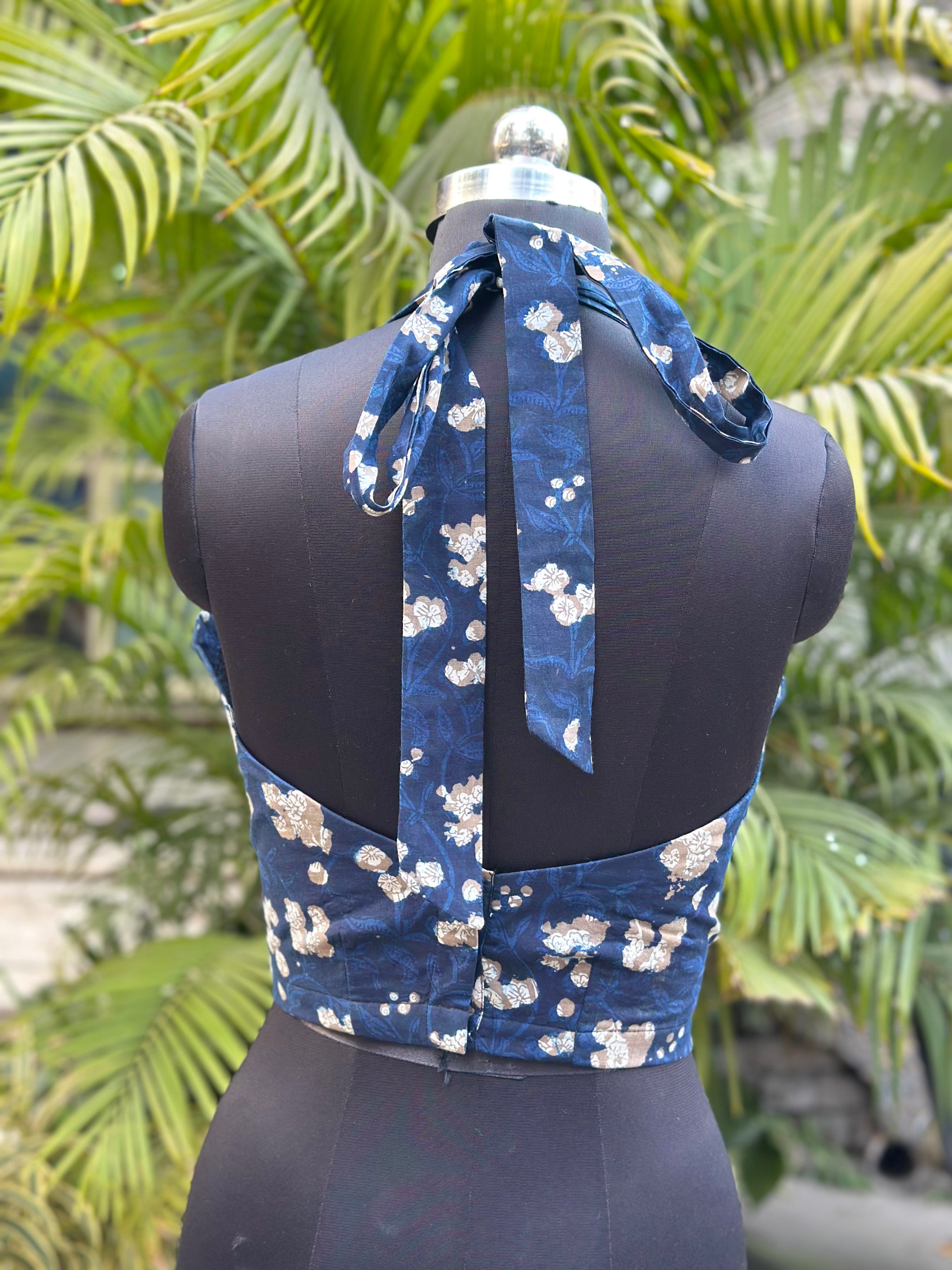 Midnight Mehfil- Dark blue bagru backless tie-up handblock print cotton crop top