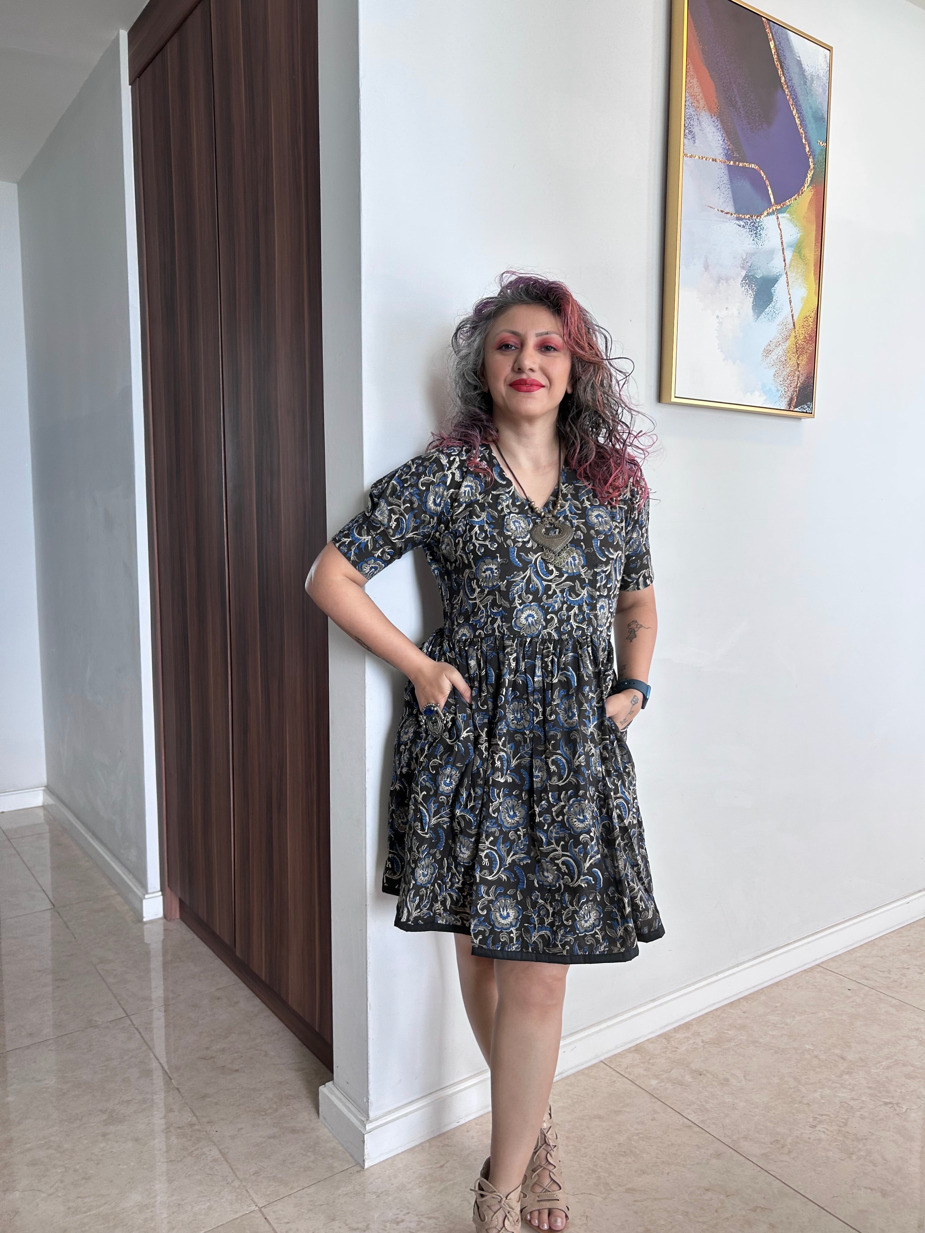 Black Kalamkari Handblock Printed Frock Style Cotton Dress