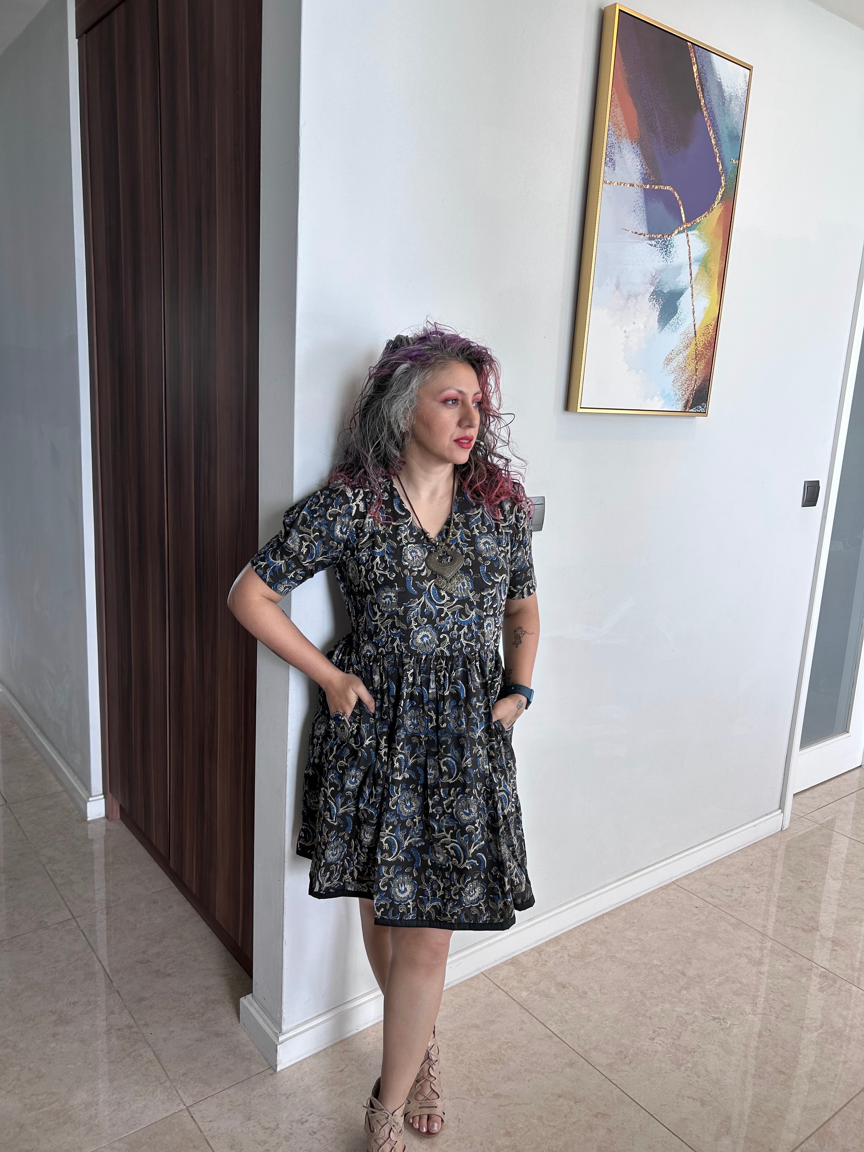 Black Kalamkari Handblock Printed Frock Style Cotton Dress