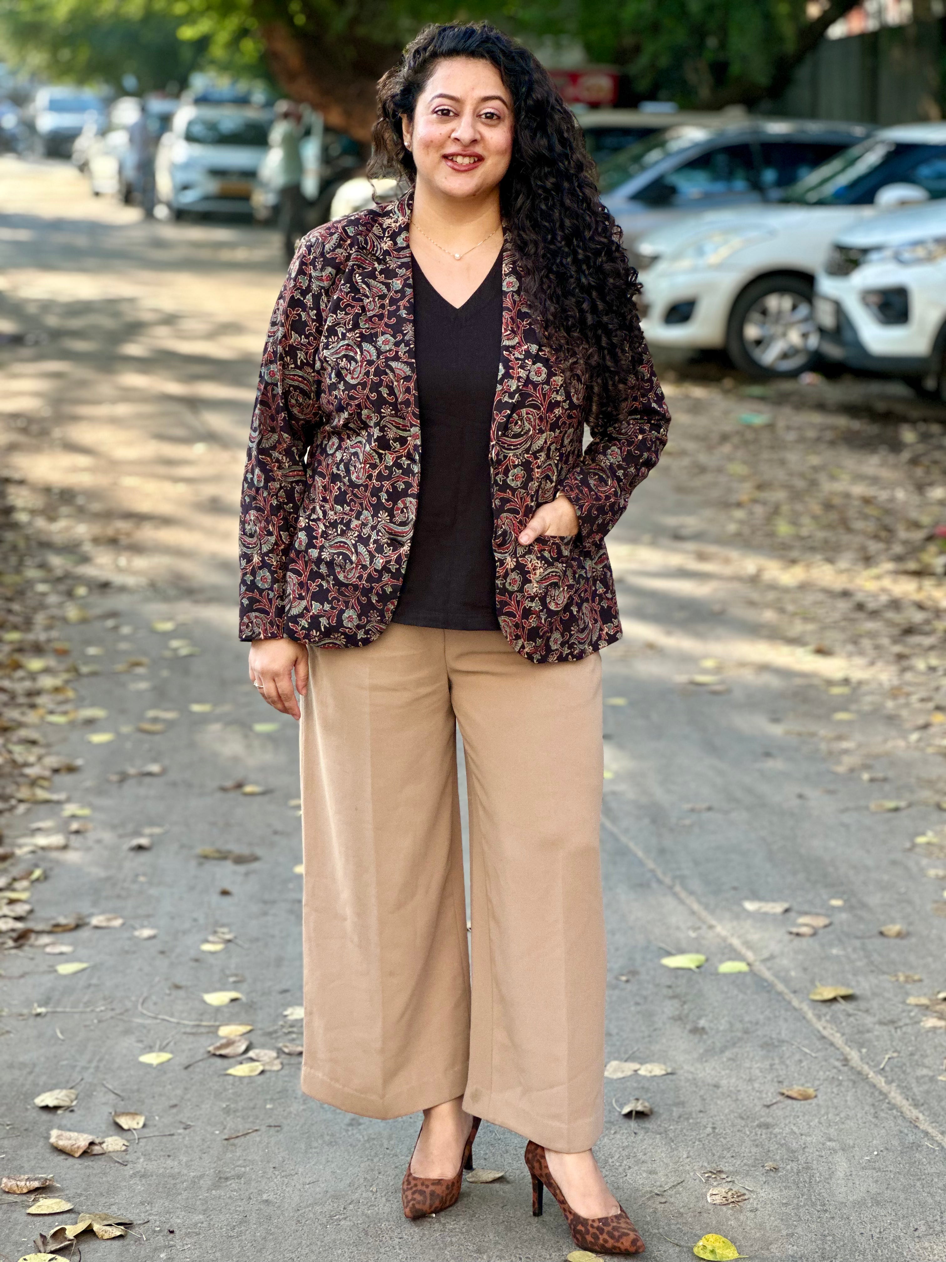 Bhuj Heritage- Black Ajrakh Floral Handblock Print Cotton Blazer