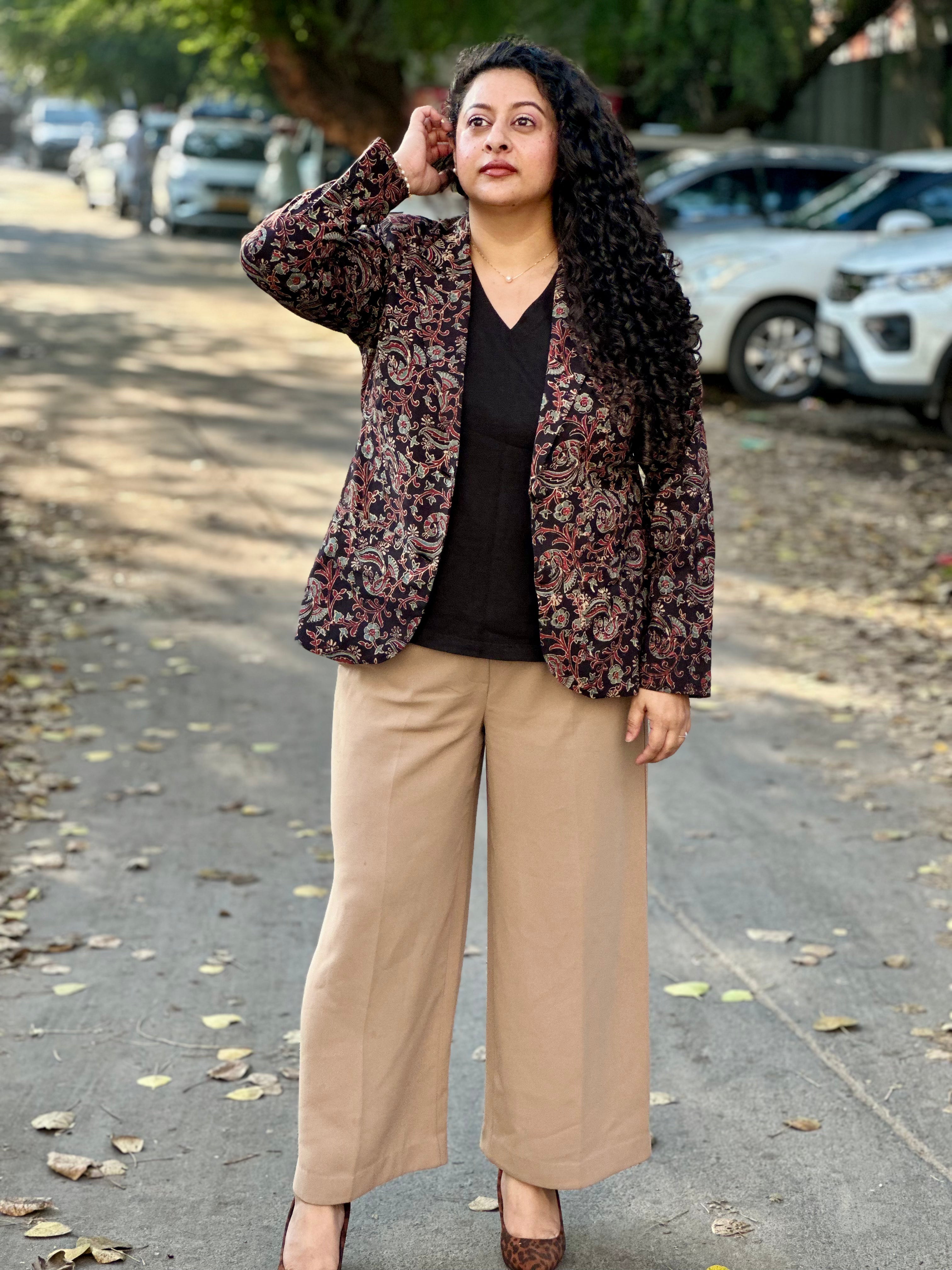 Bhuj Heritage- Black Ajrakh Floral Handblock Print Cotton Blazer