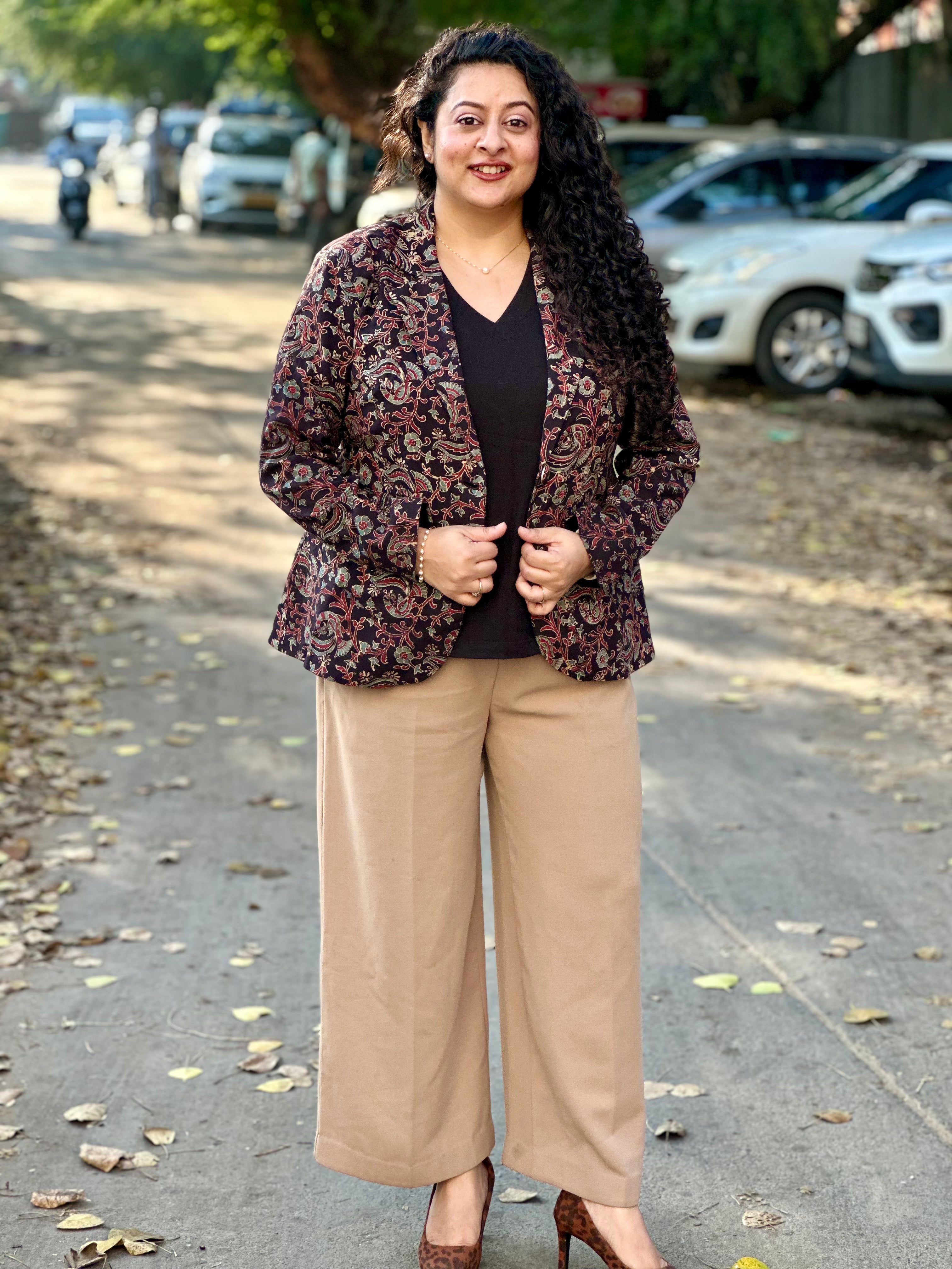 Bhuj Heritage- Black Ajrakh Floral Handblock Print Cotton Blazer