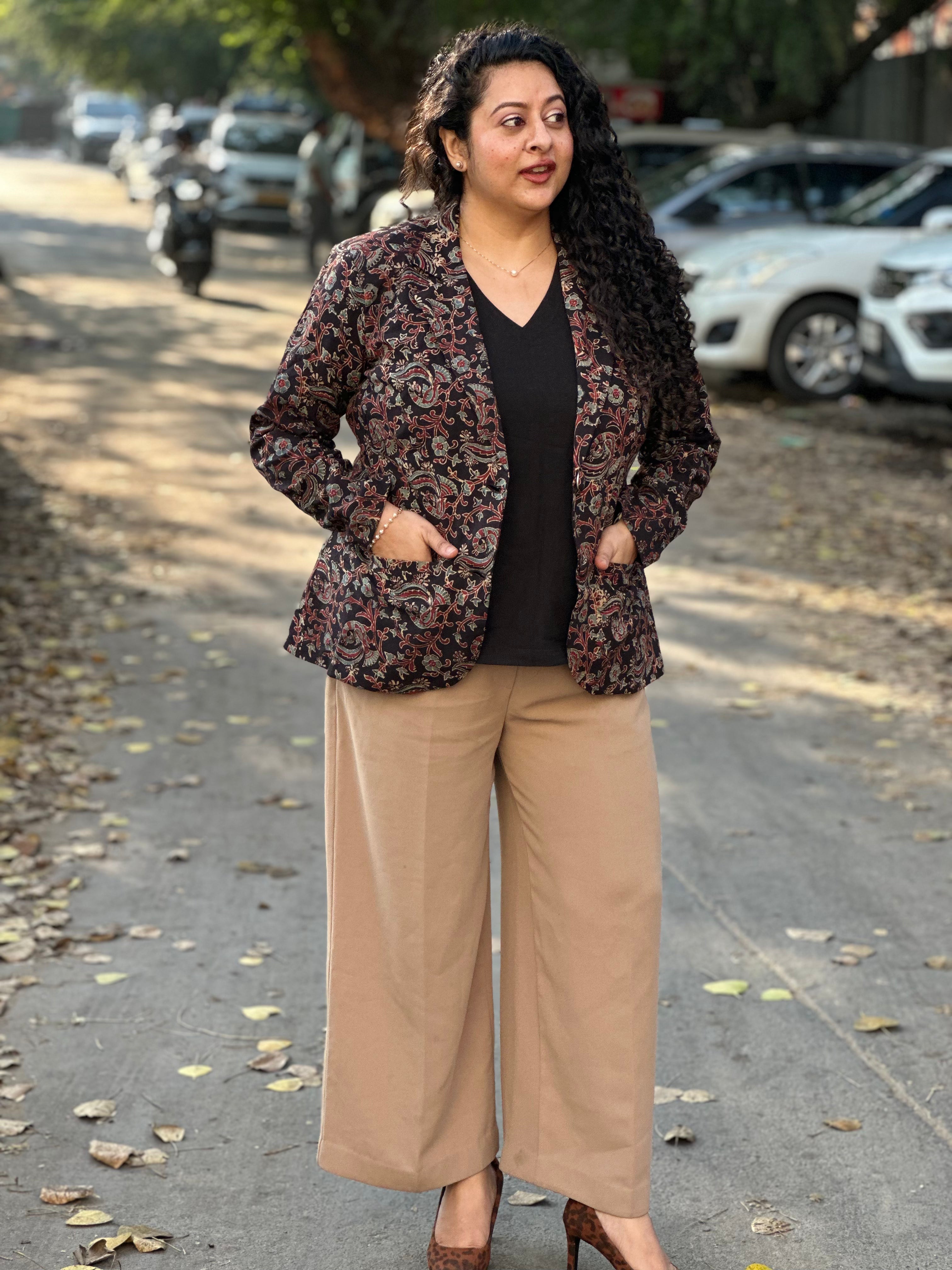 Bhuj Heritage- Black Ajrakh Floral Handblock Print Cotton Blazer