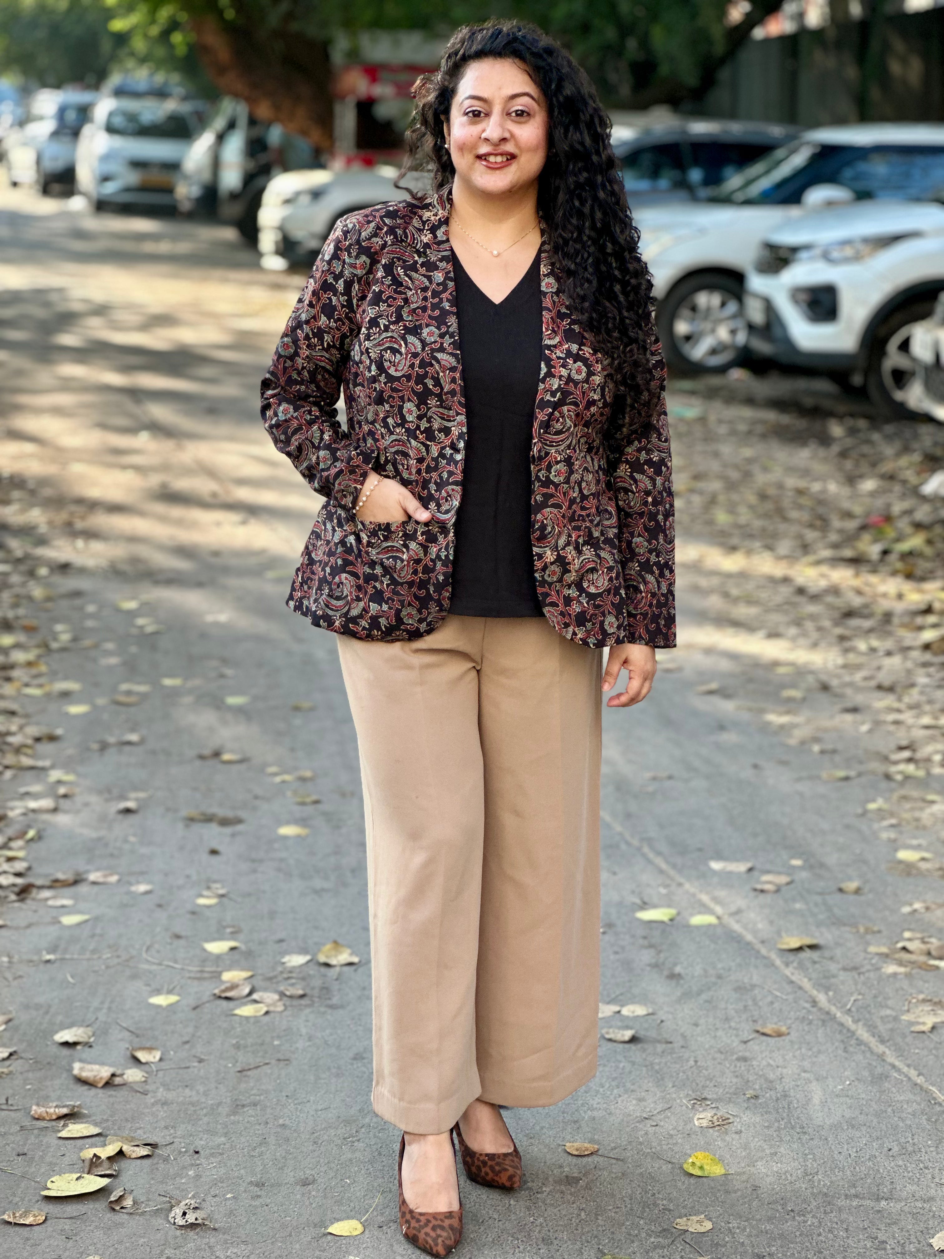 Bhuj Heritage- Black Ajrakh Floral Handblock Print Cotton Blazer