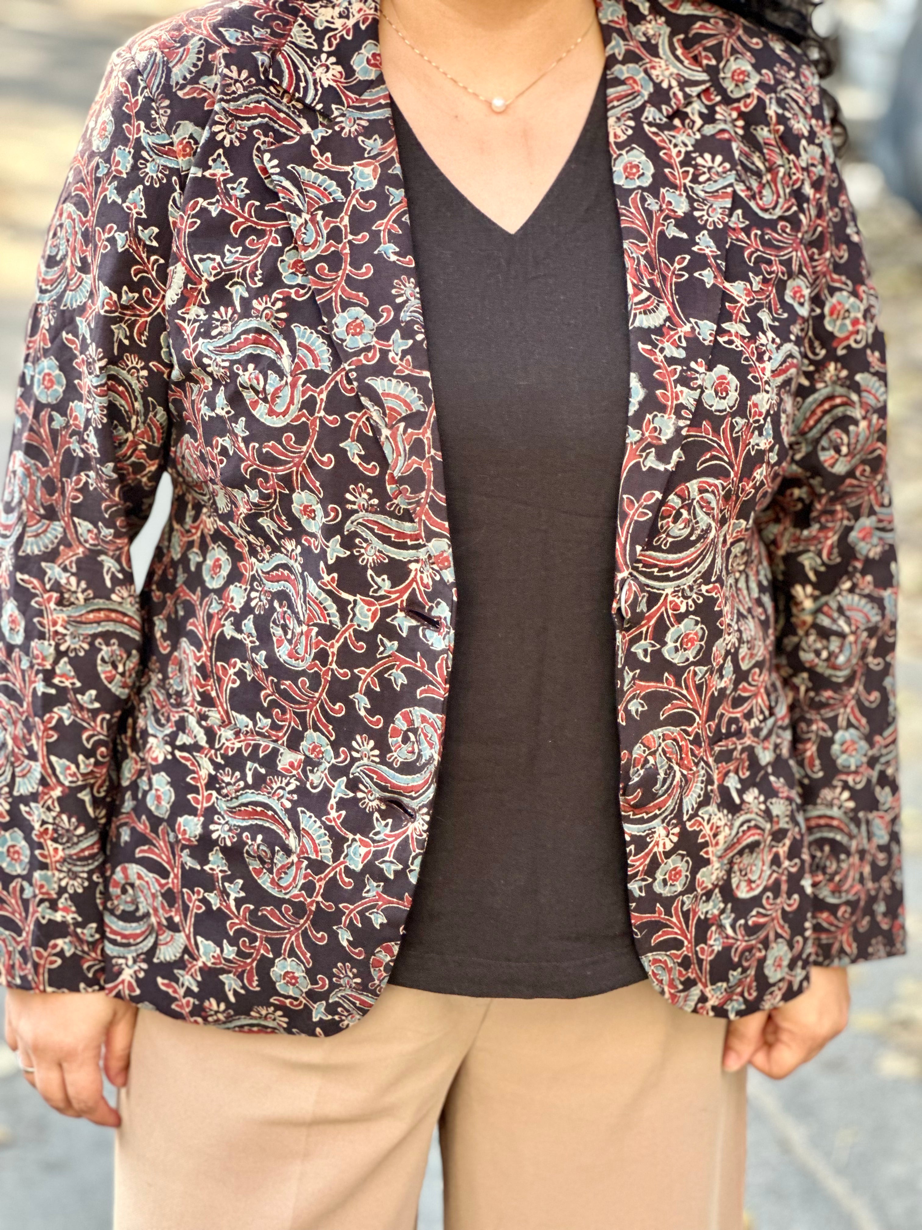 Bhuj Heritage- Black Ajrakh Floral Handblock Print Cotton Blazer