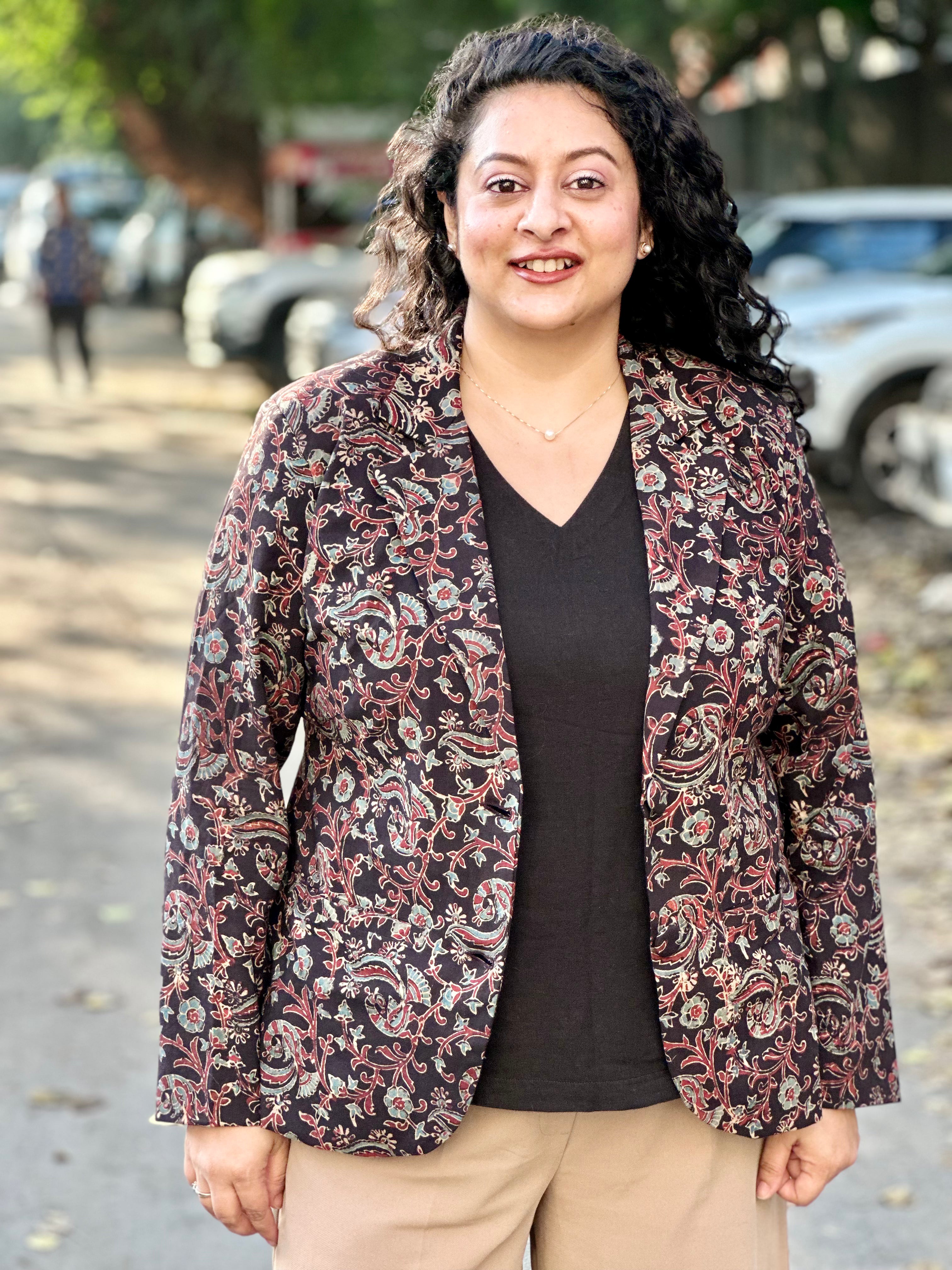 Bhuj Heritage- Black Ajrakh Floral Handblock Print Cotton Blazer