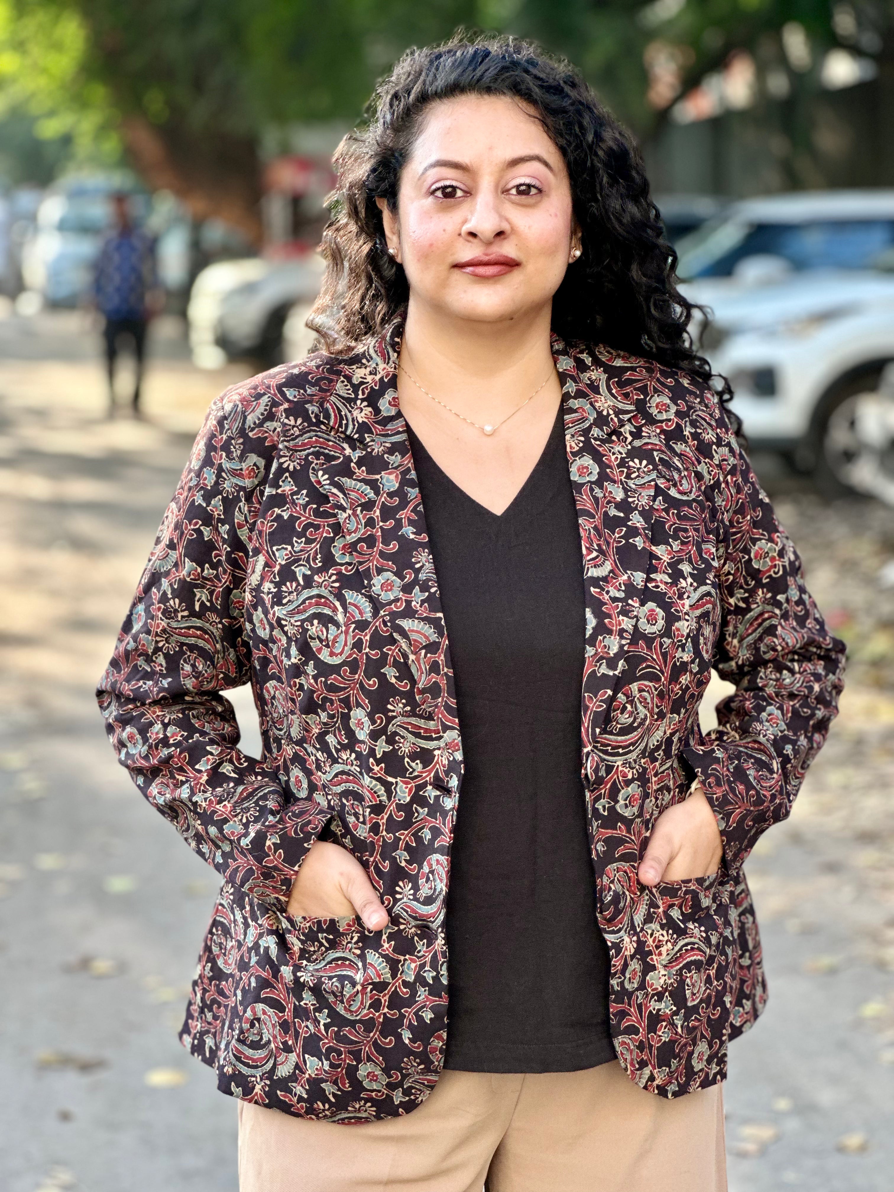 Bhuj Heritage- Black Ajrakh Floral Handblock Print Cotton Blazer