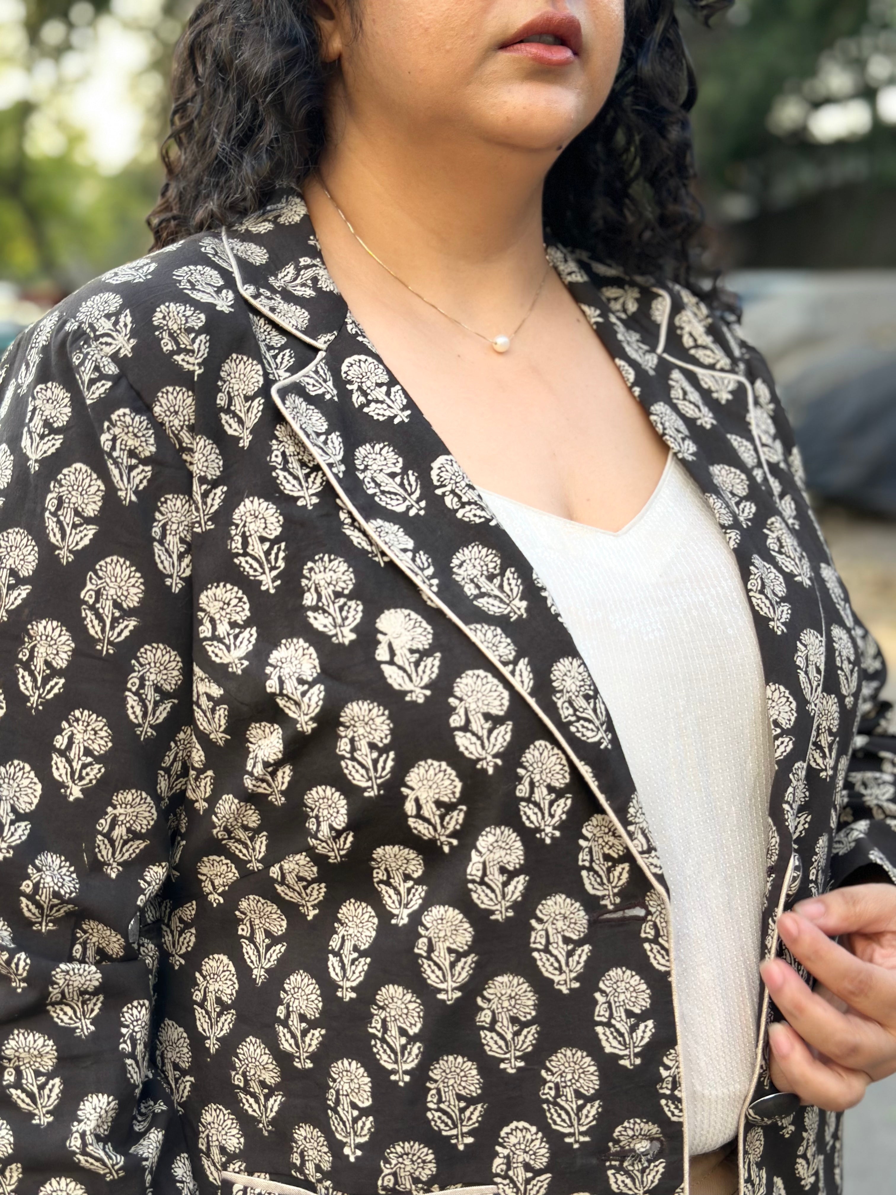Midnight Motif Black Bagru Handblock Print Blazer
