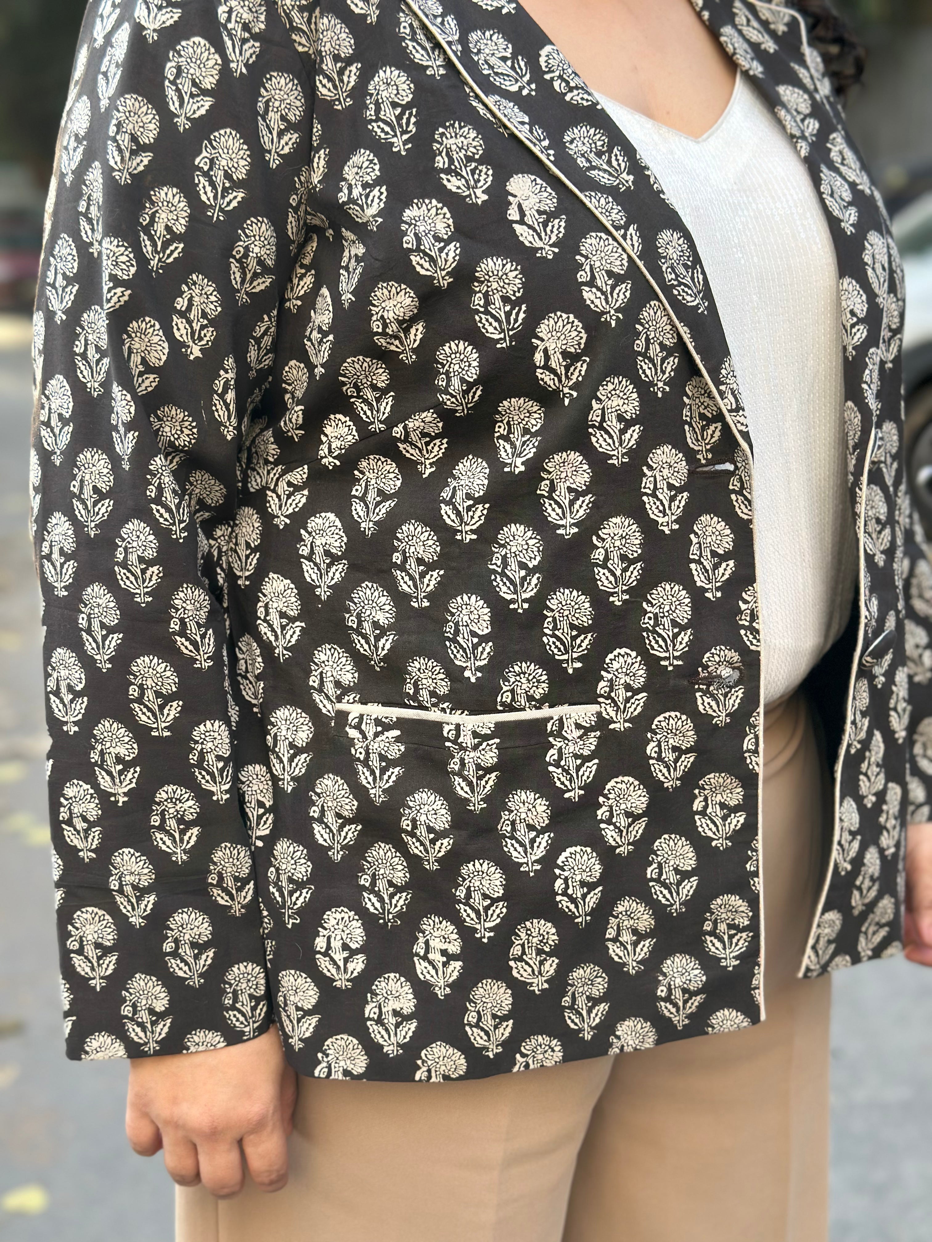 Midnight Motif Black Bagru Handblock Print Blazer