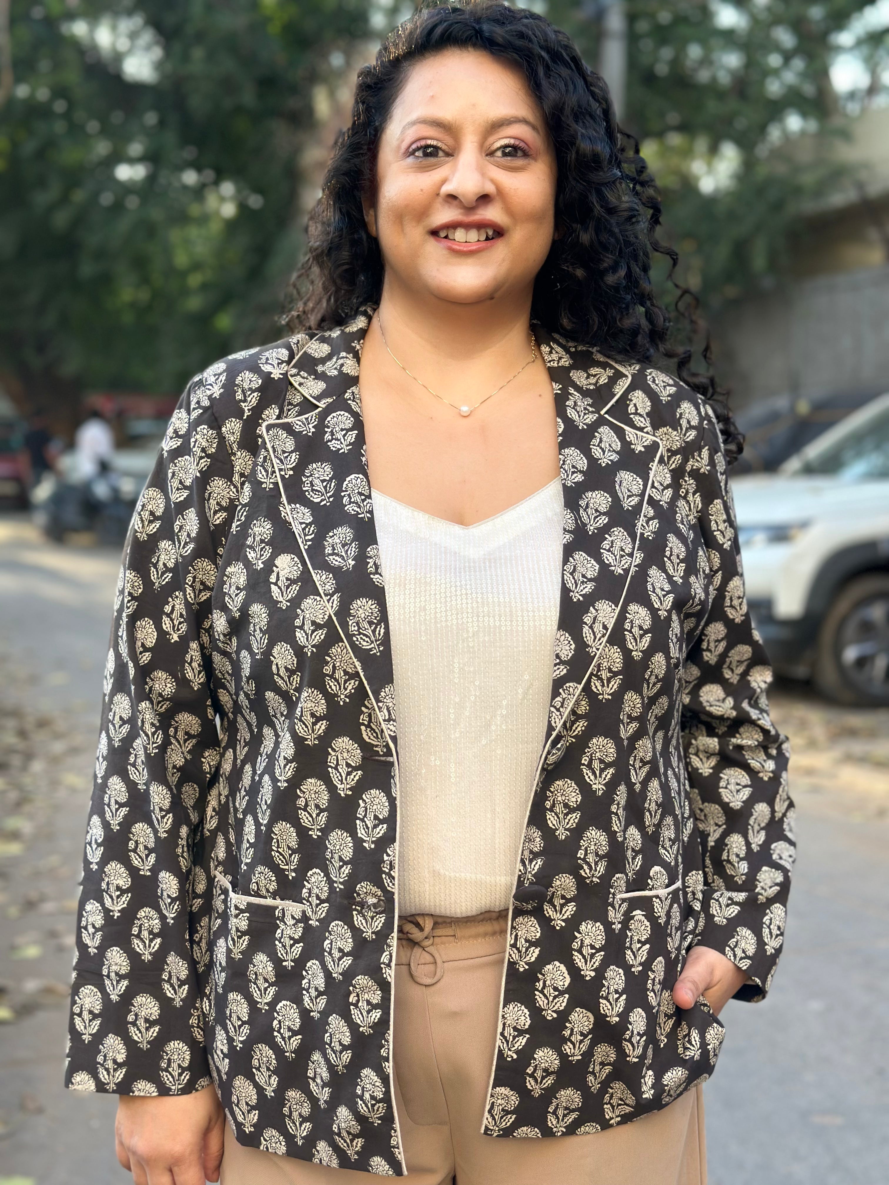 Midnight Motif Black Bagru Handblock Print Blazer