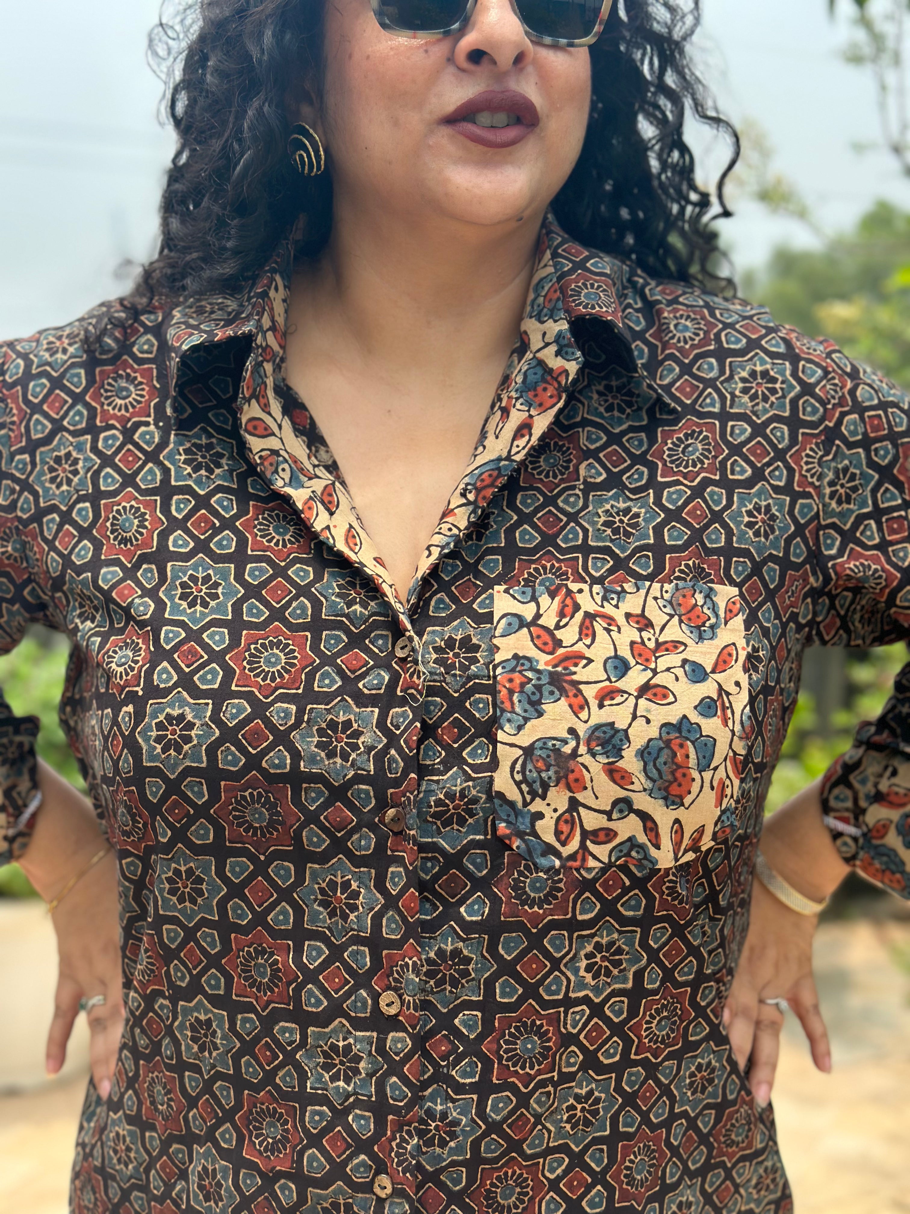 Noorvana – Premium Brown Ajrakh Handblock Print Cotton Shirt
