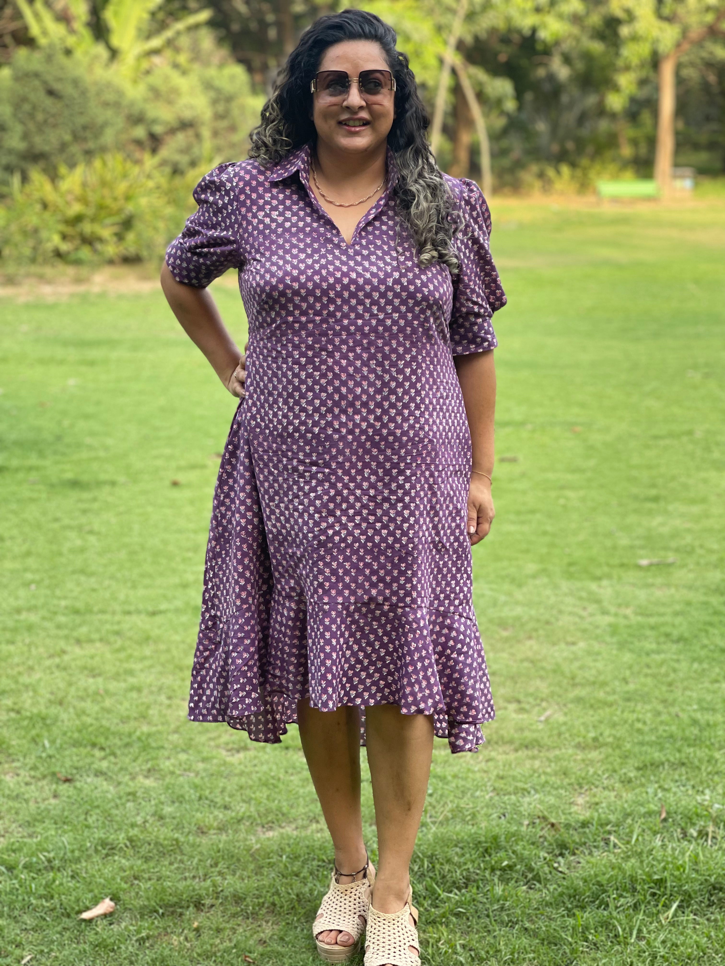 Purple Sanganeri Handblock Printed High Low Cotton Dress