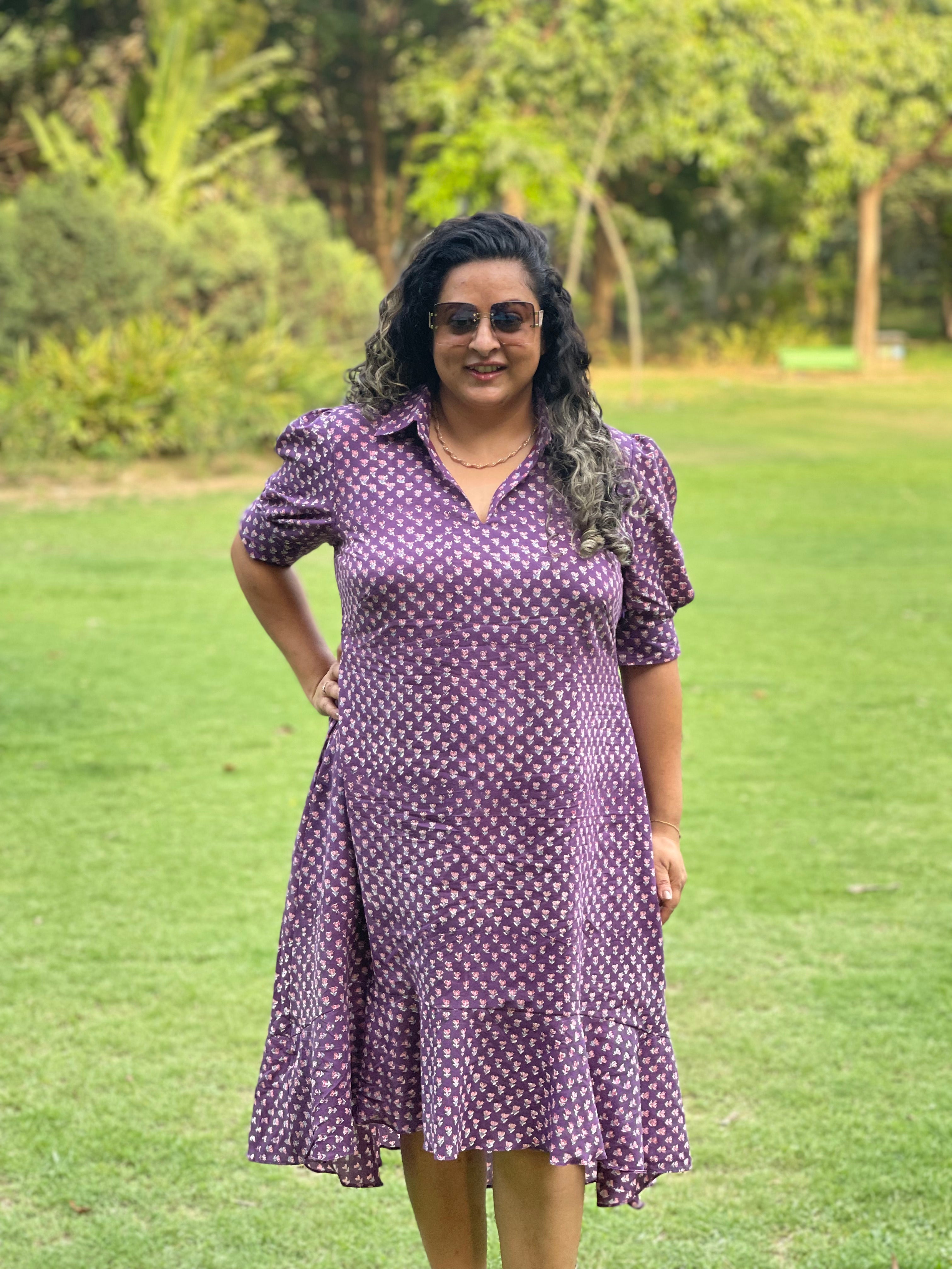 Purple Sanganeri Handblock Printed High Low Cotton Dress