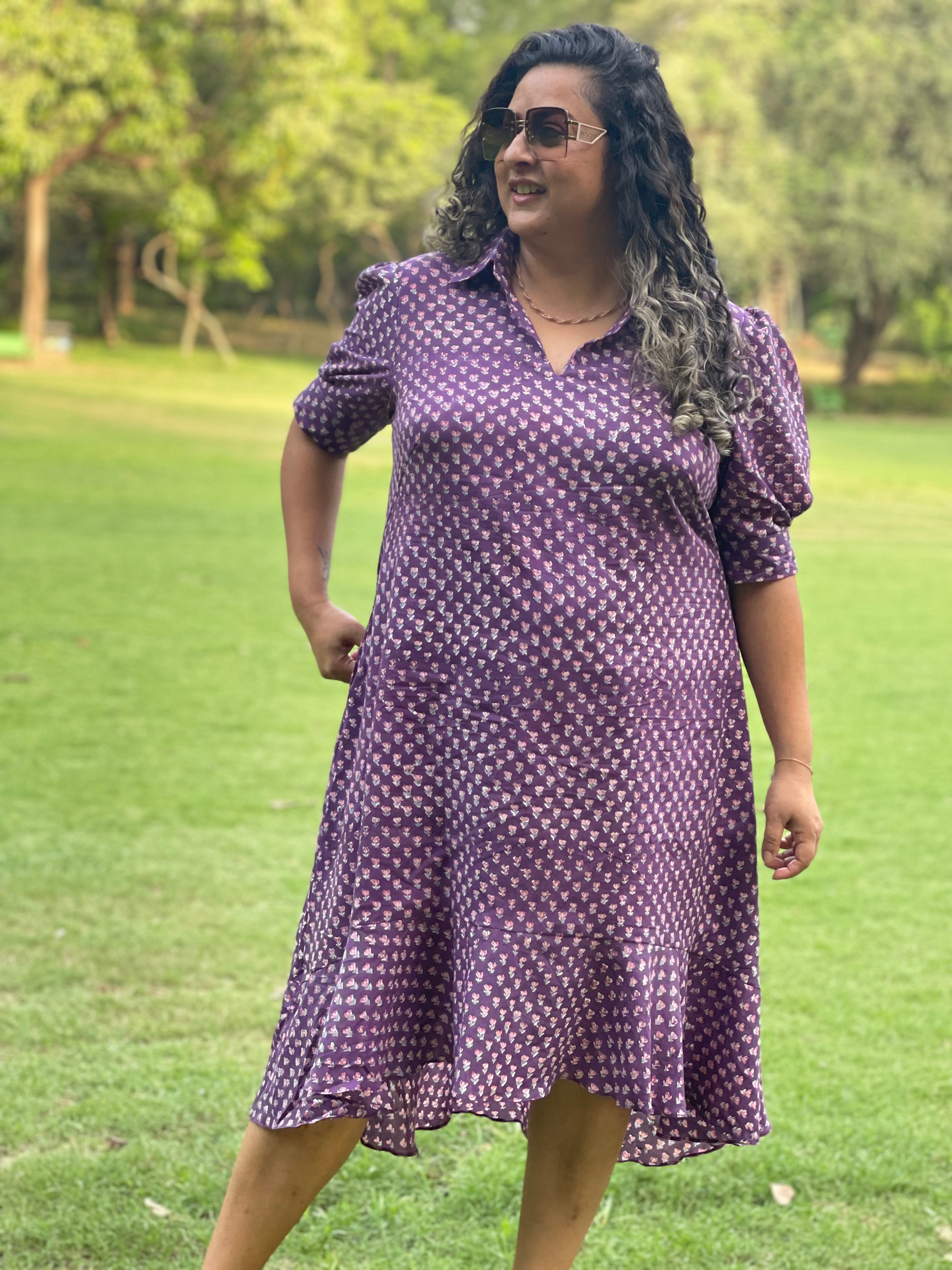 Purple Sanganeri Handblock Printed High Low Cotton Dress