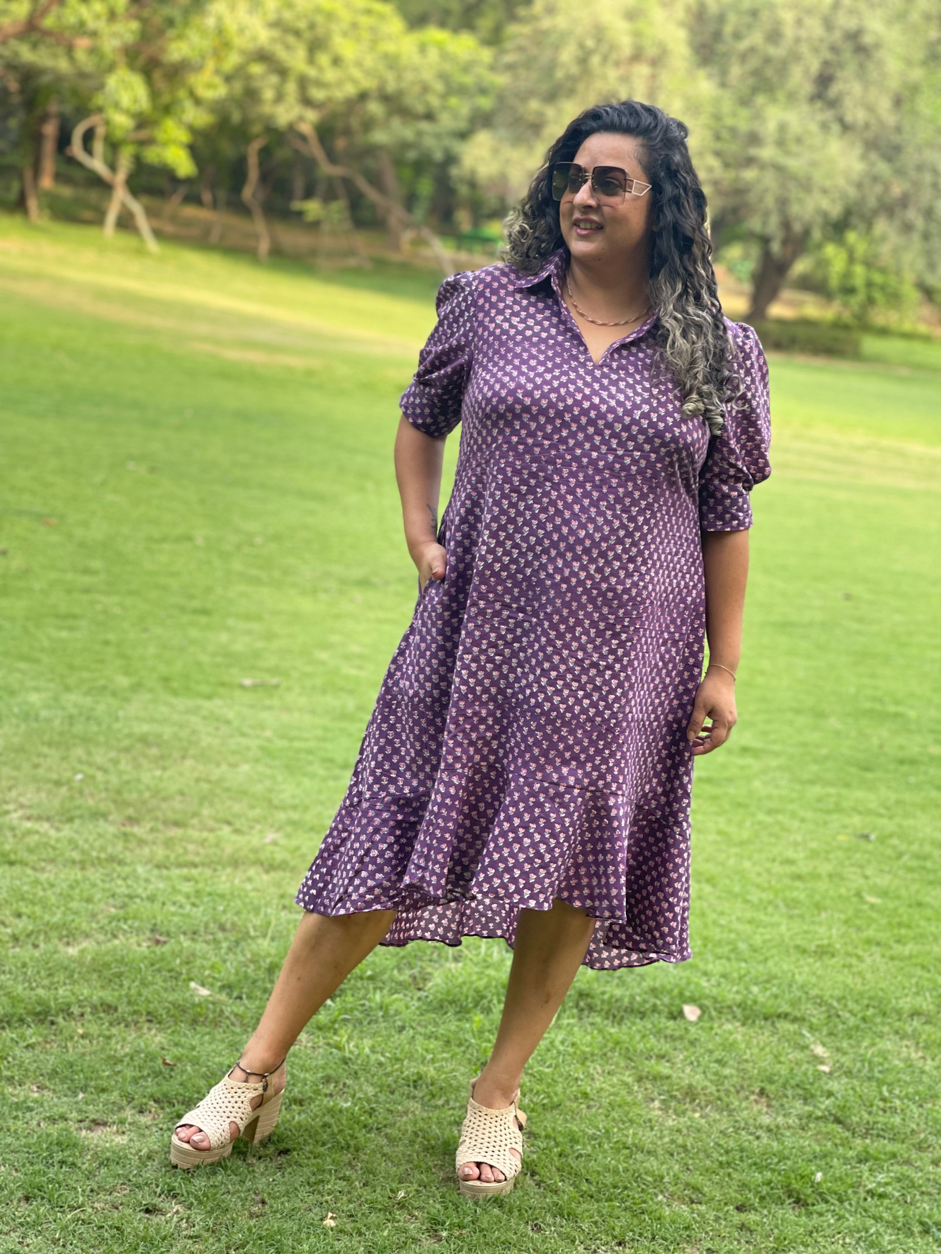 Purple Sanganeri Handblock Printed High Low Cotton Dress