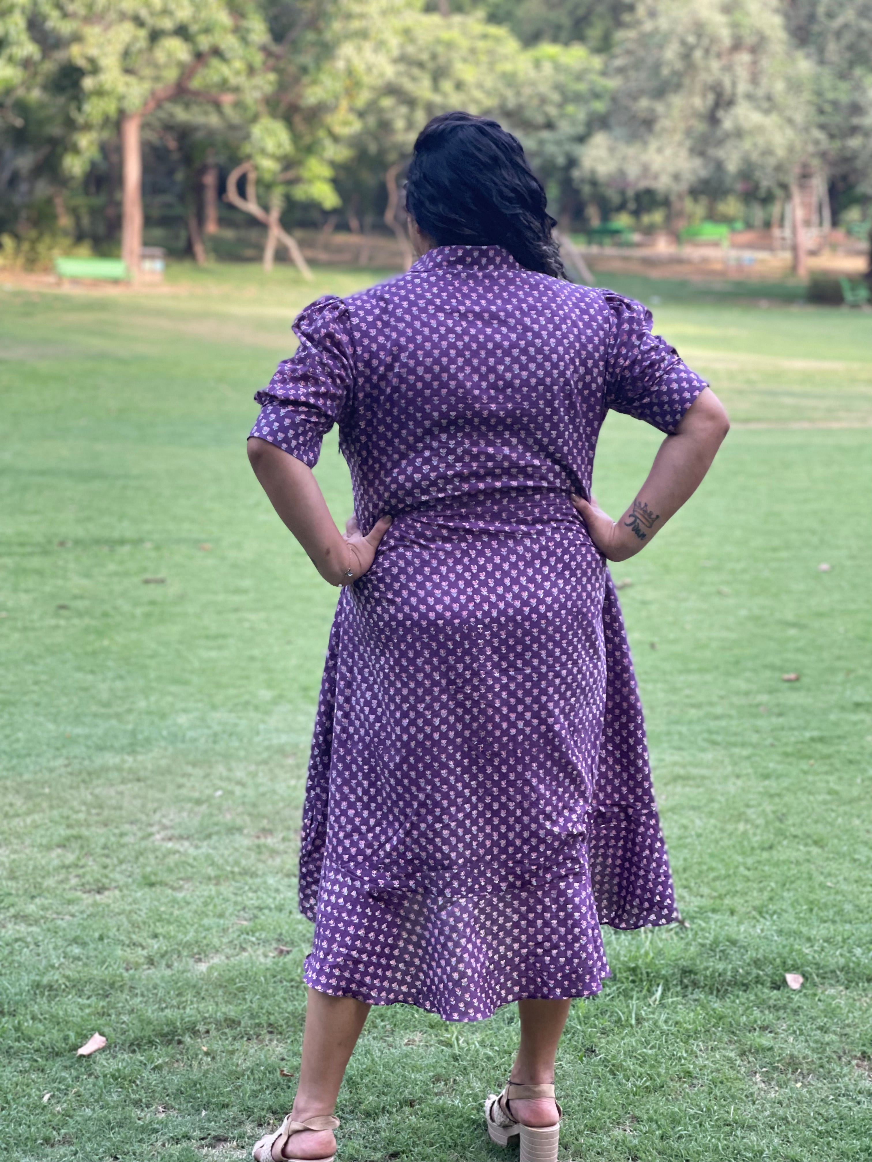 Purple Sanganeri Handblock Printed High Low Cotton Dress