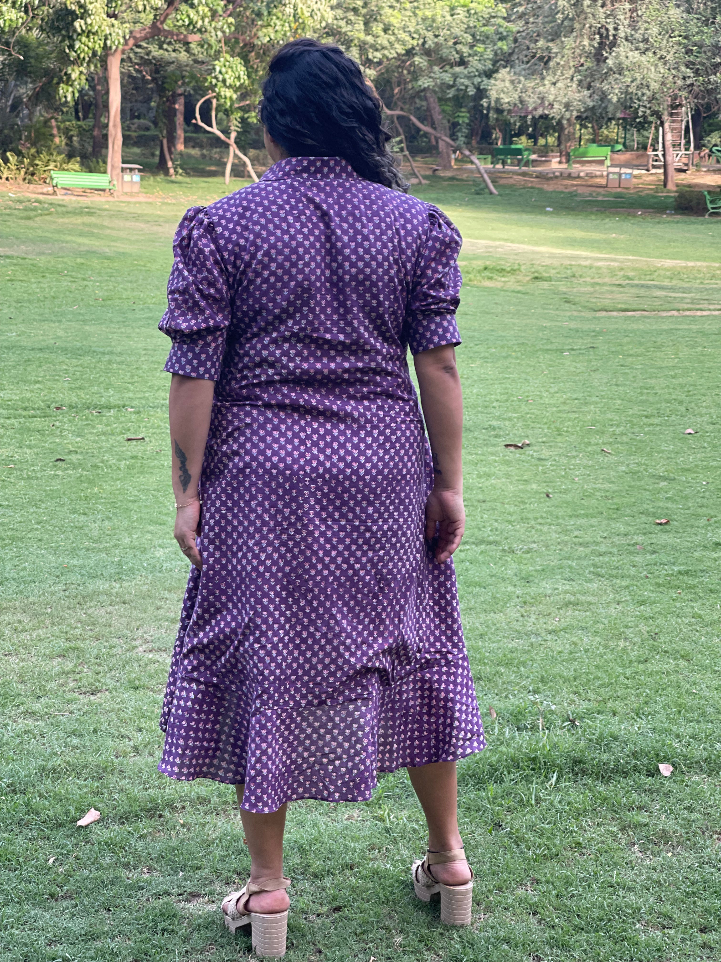 Purple Sanganeri Handblock Printed High Low Cotton Dress