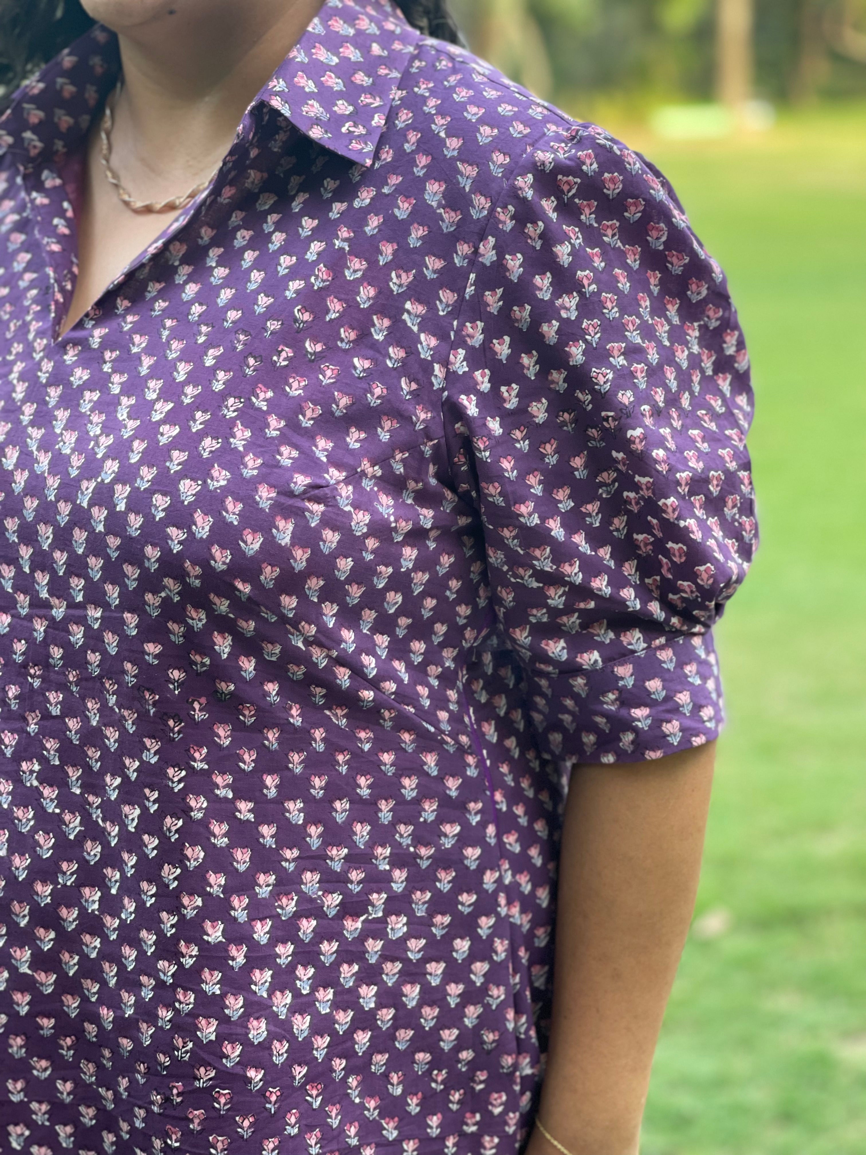 Purple Sanganeri Handblock Printed High Low Cotton Dress