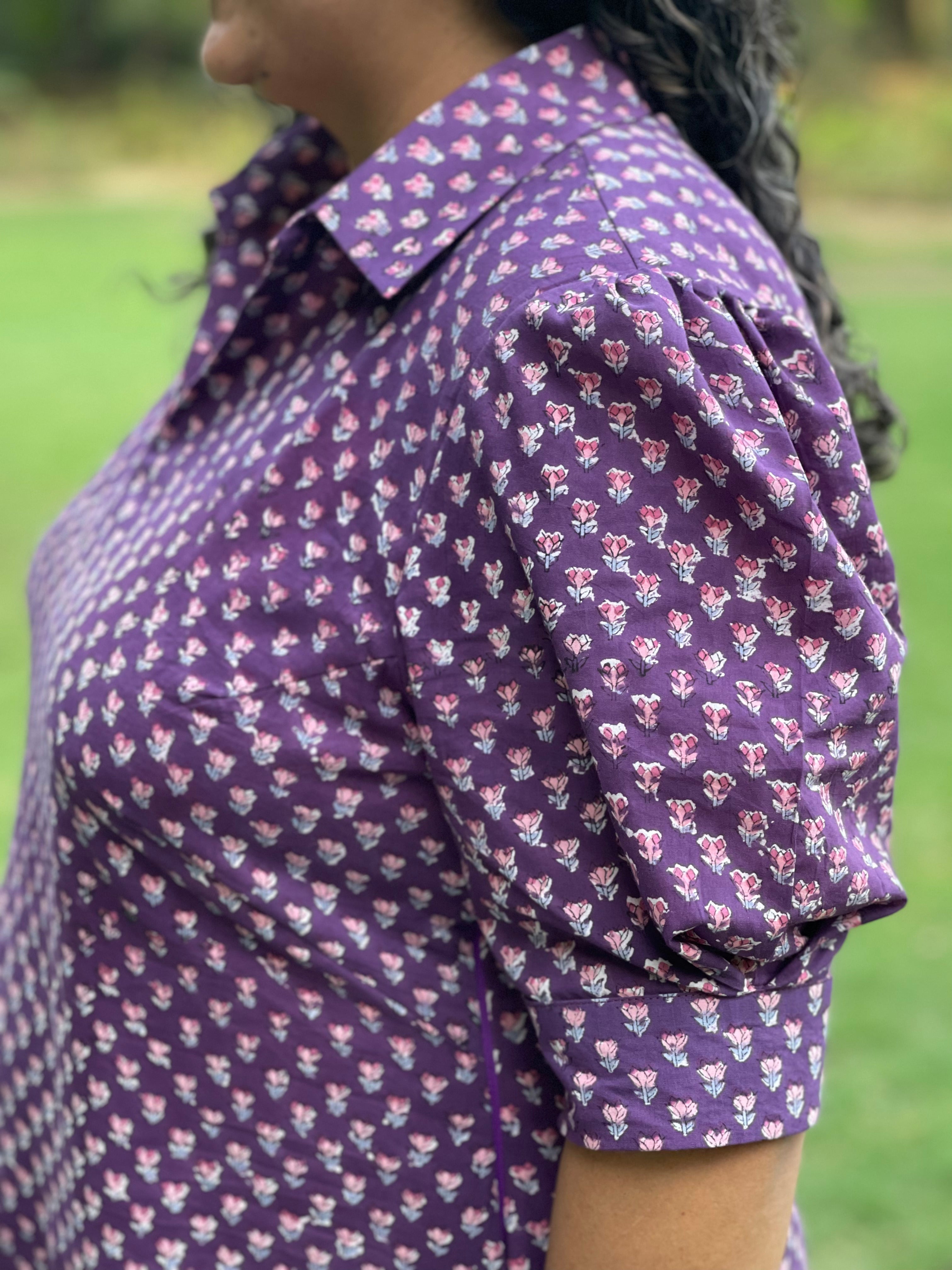 Purple Sanganeri Handblock Printed High Low Cotton Dress
