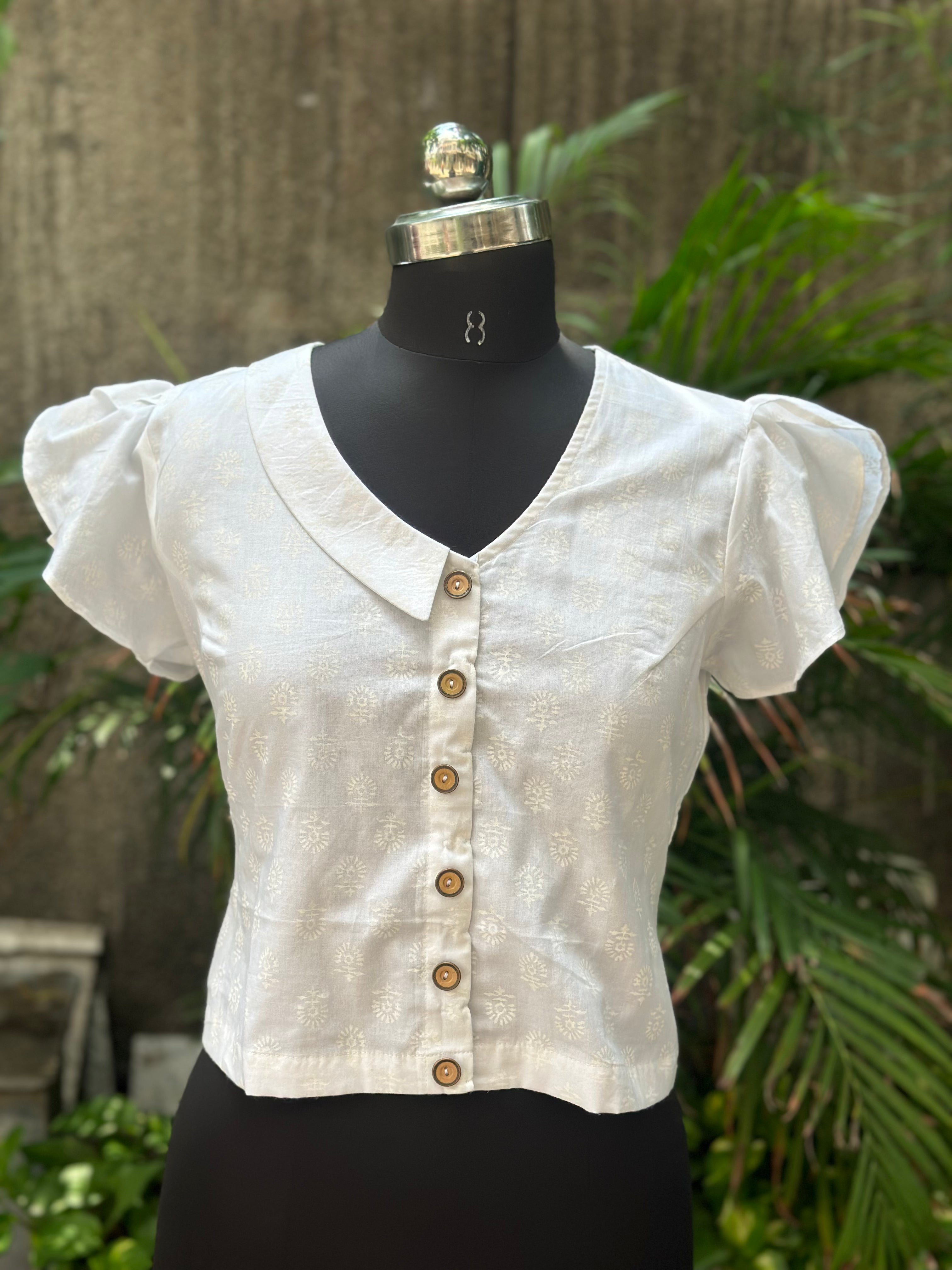 White handblock print half collored neck cotton top