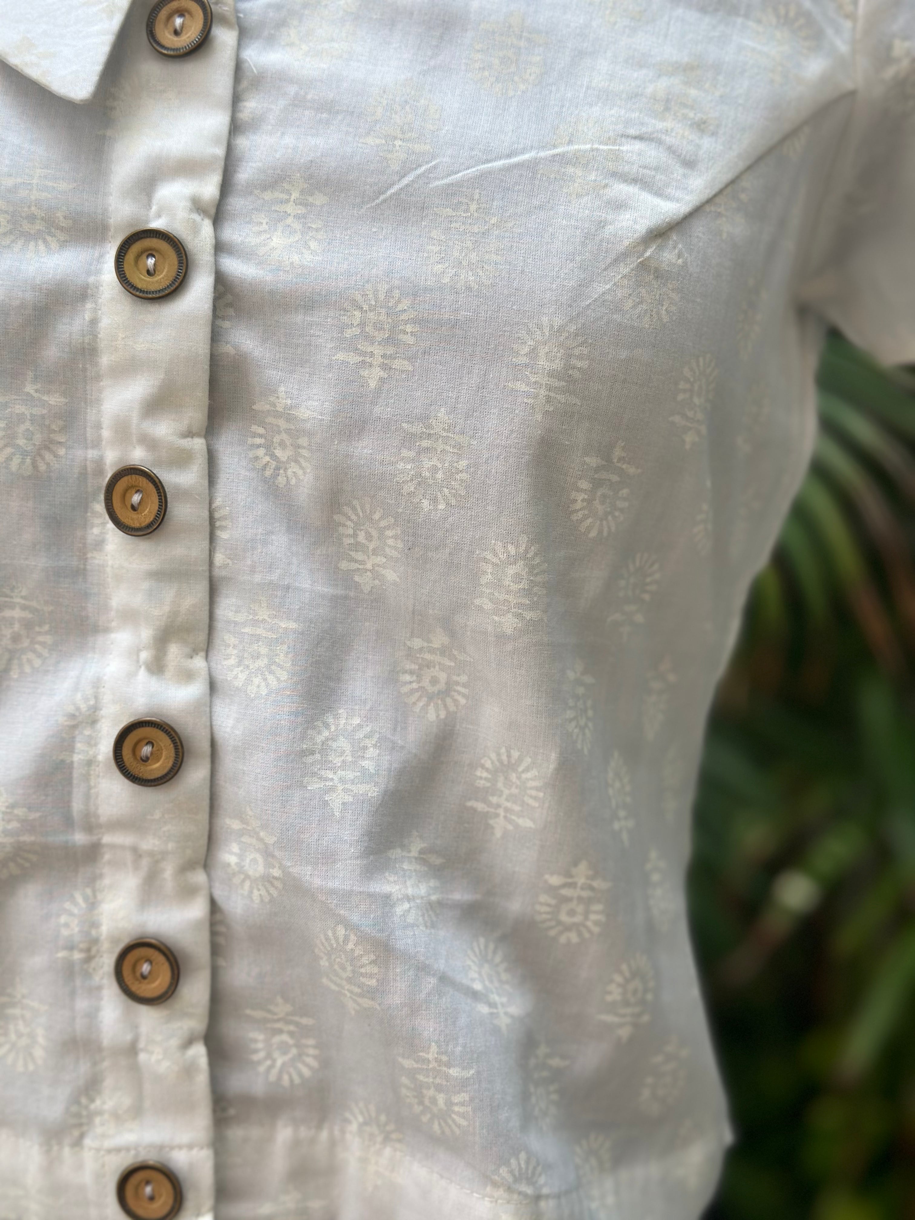 White handblock print half collored neck cotton top