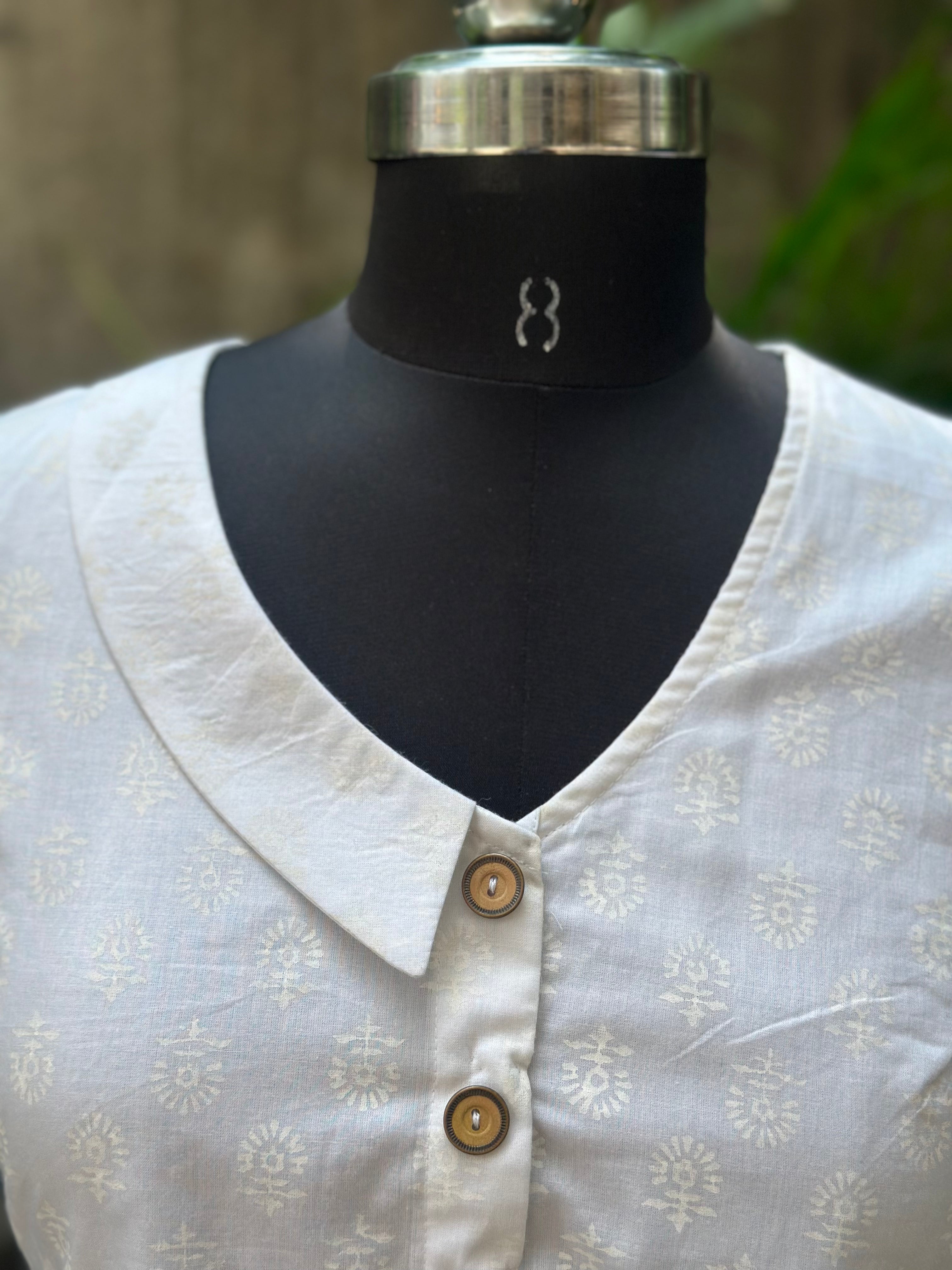 White handblock print half collored neck cotton top