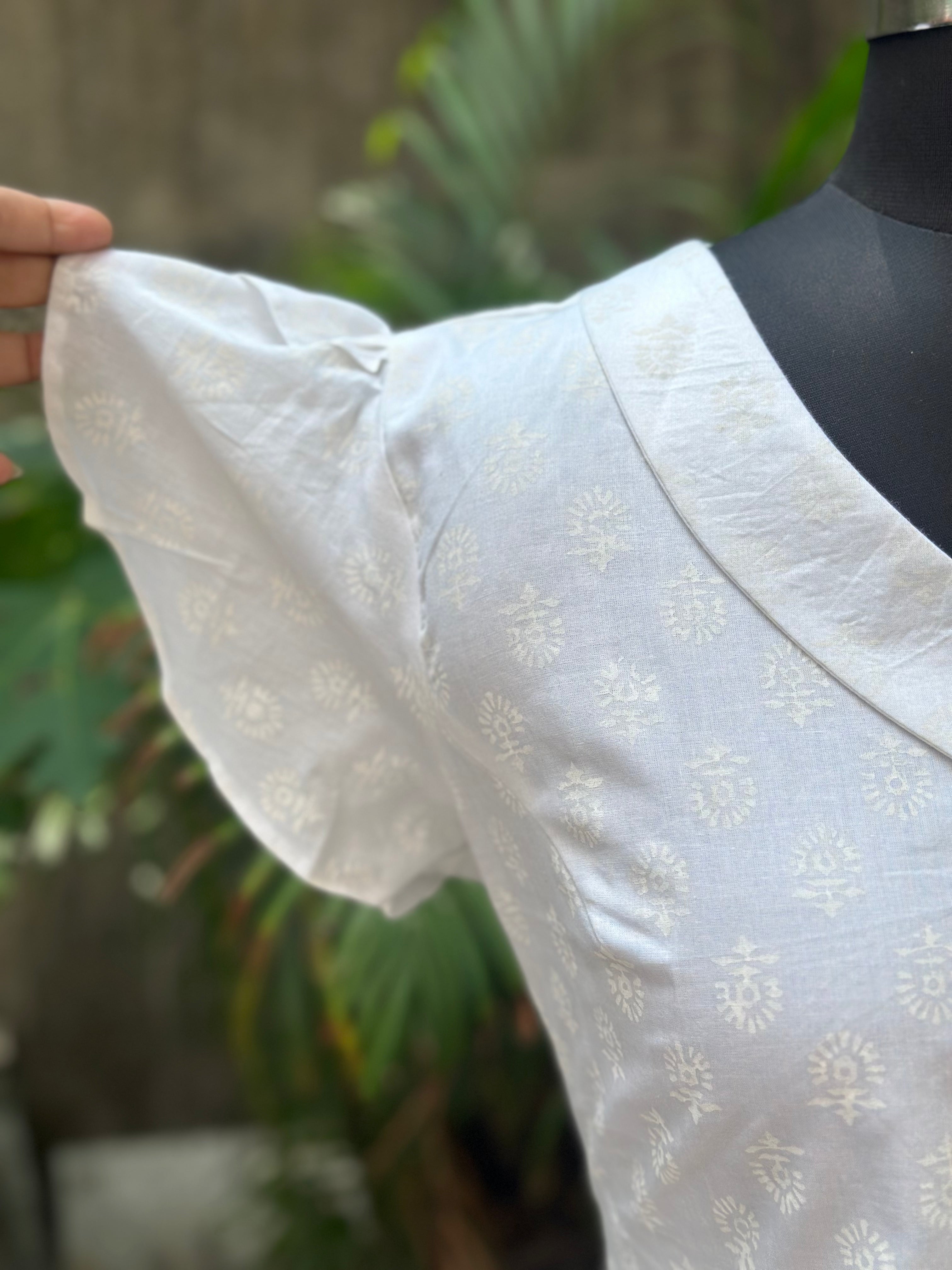 White handblock print half collored neck cotton top