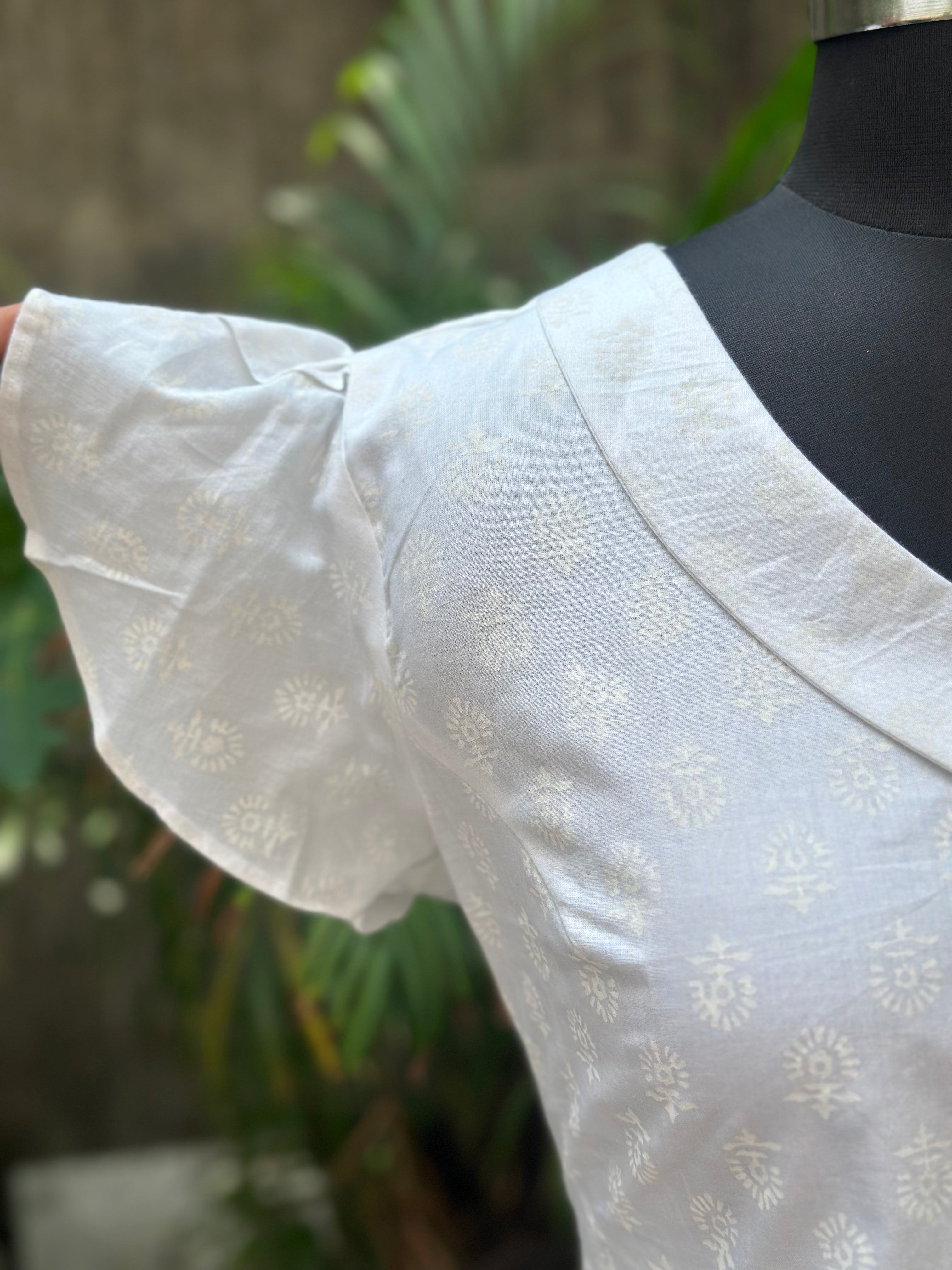White handblock print half collored neck cotton top