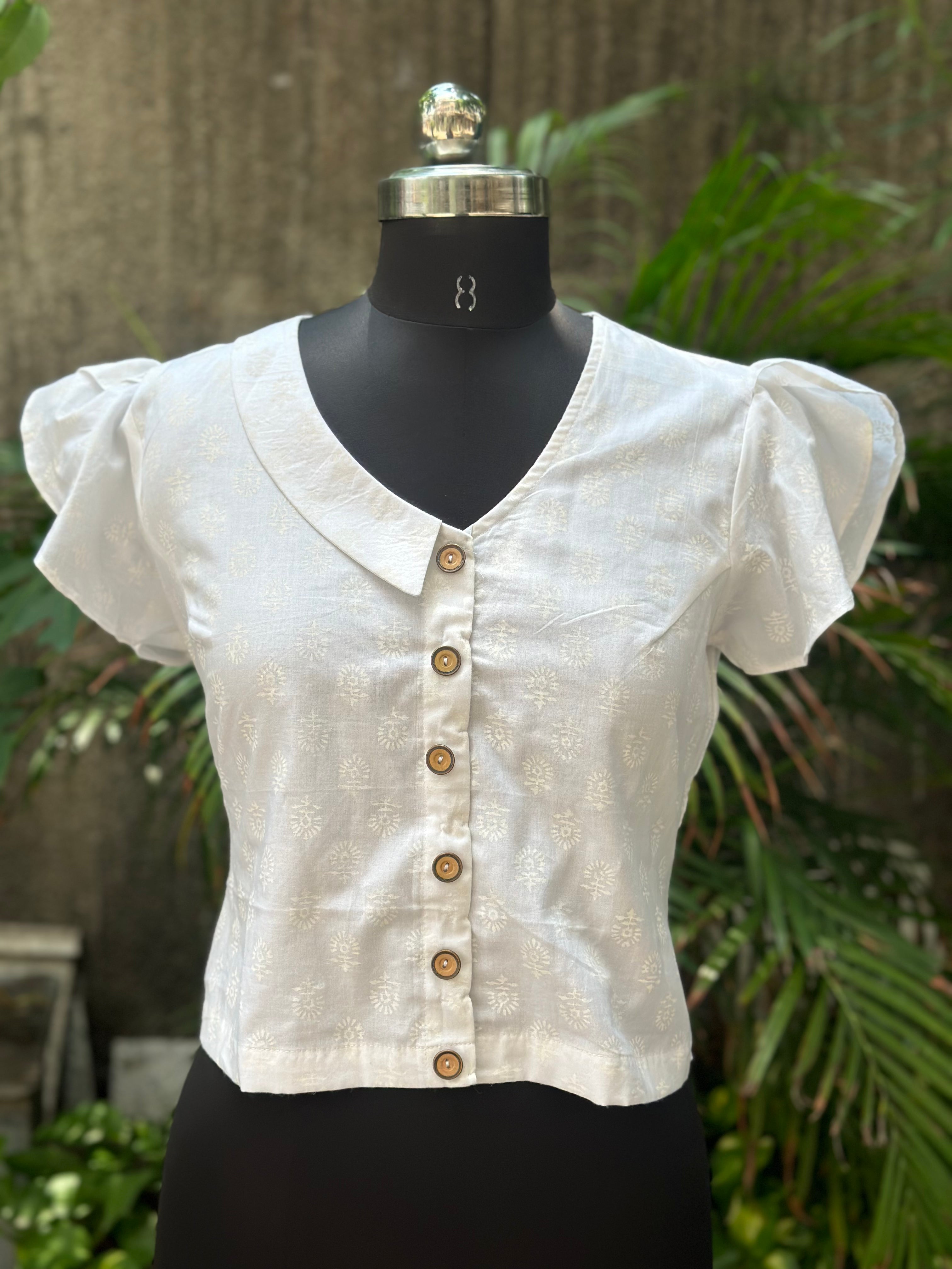 White handblock print half collored neck cotton top